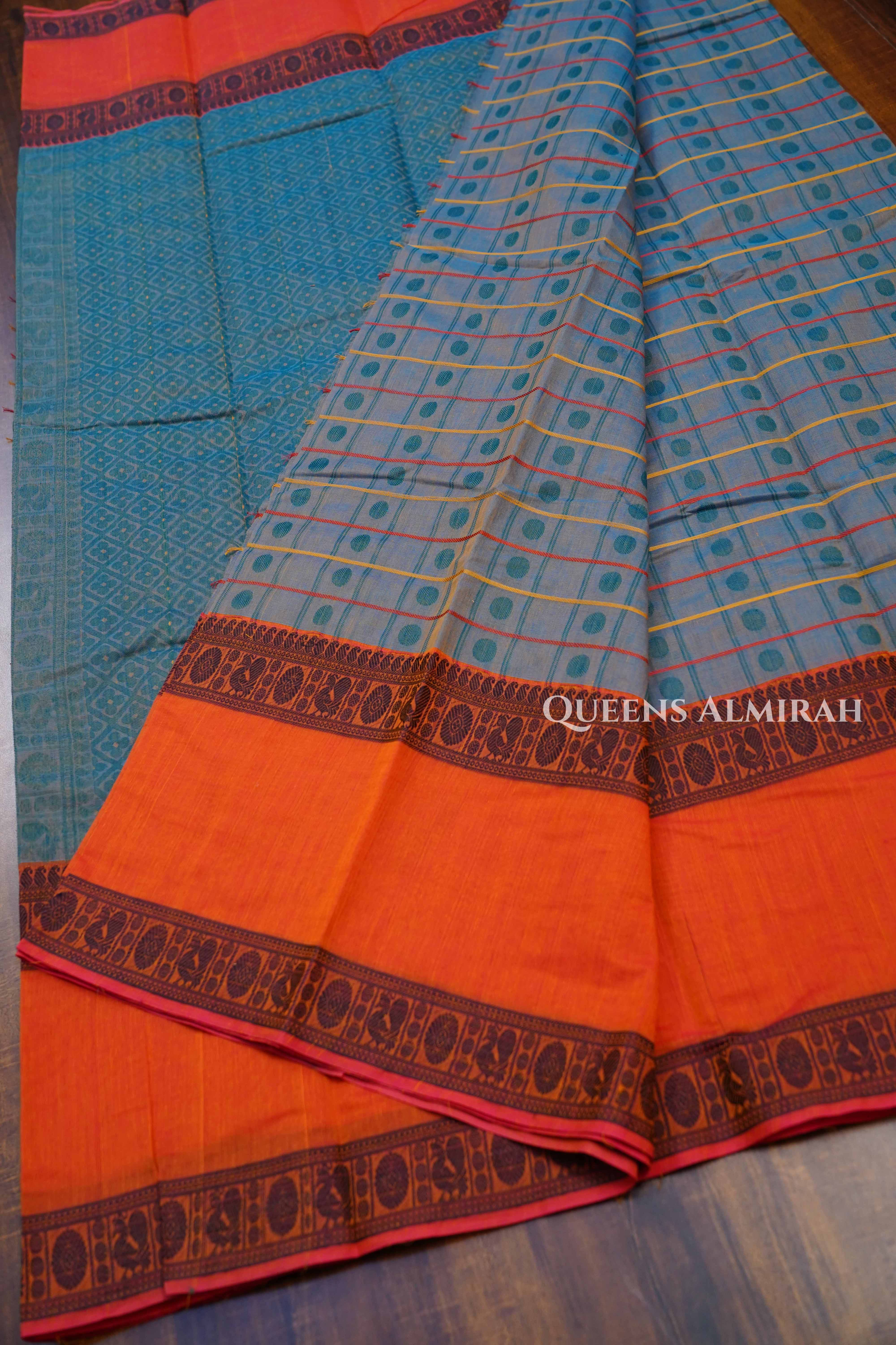 Grey With Orange Chettinad Cotton Saree