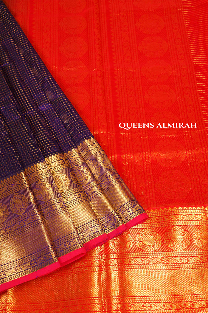 Navy Blue Kattam With Pink Long and Short Border Pure Silk Cotton Saree
