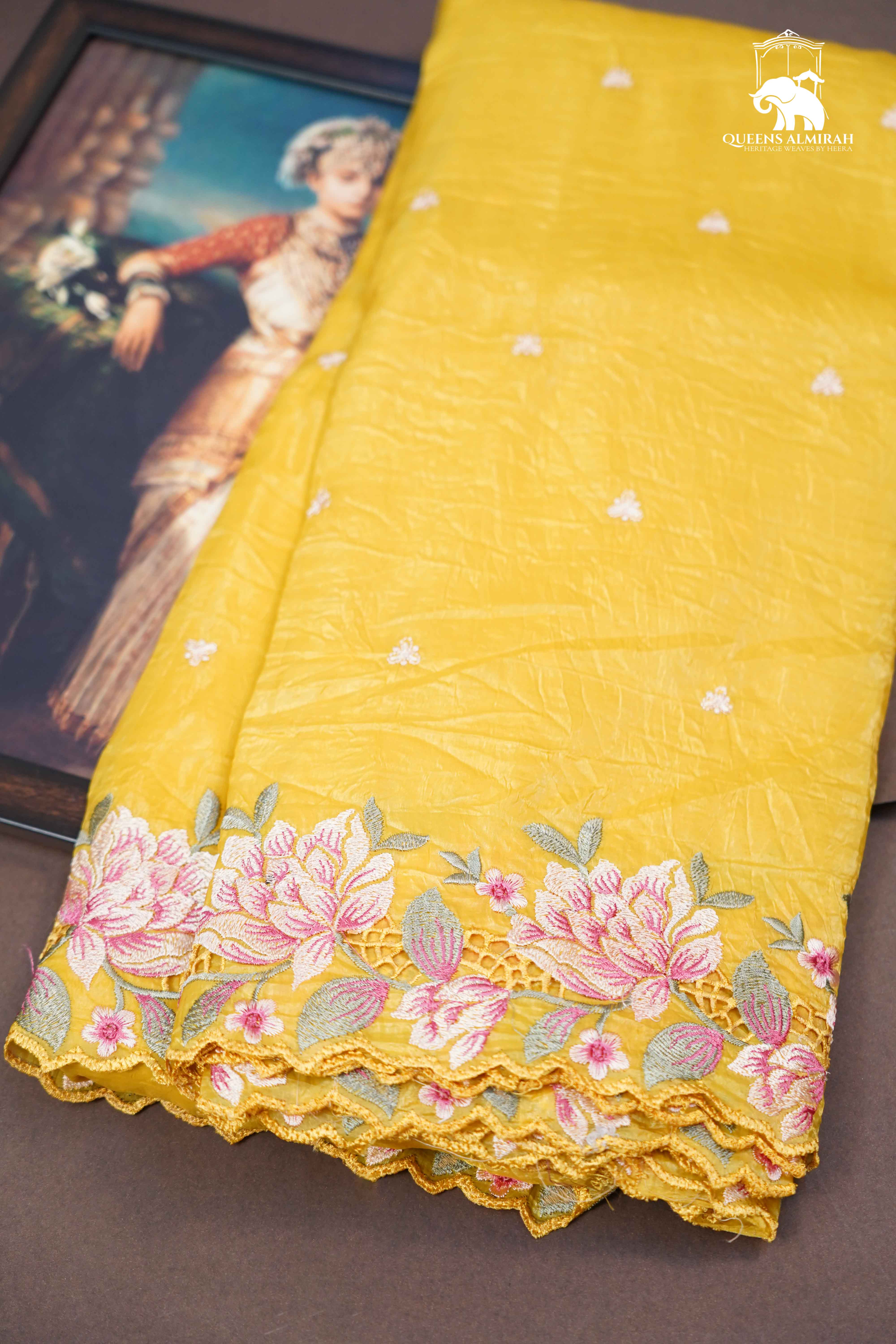 MUSTARD YELLOW GLASS TISSUE SAREE - Queens Jewel Emporium