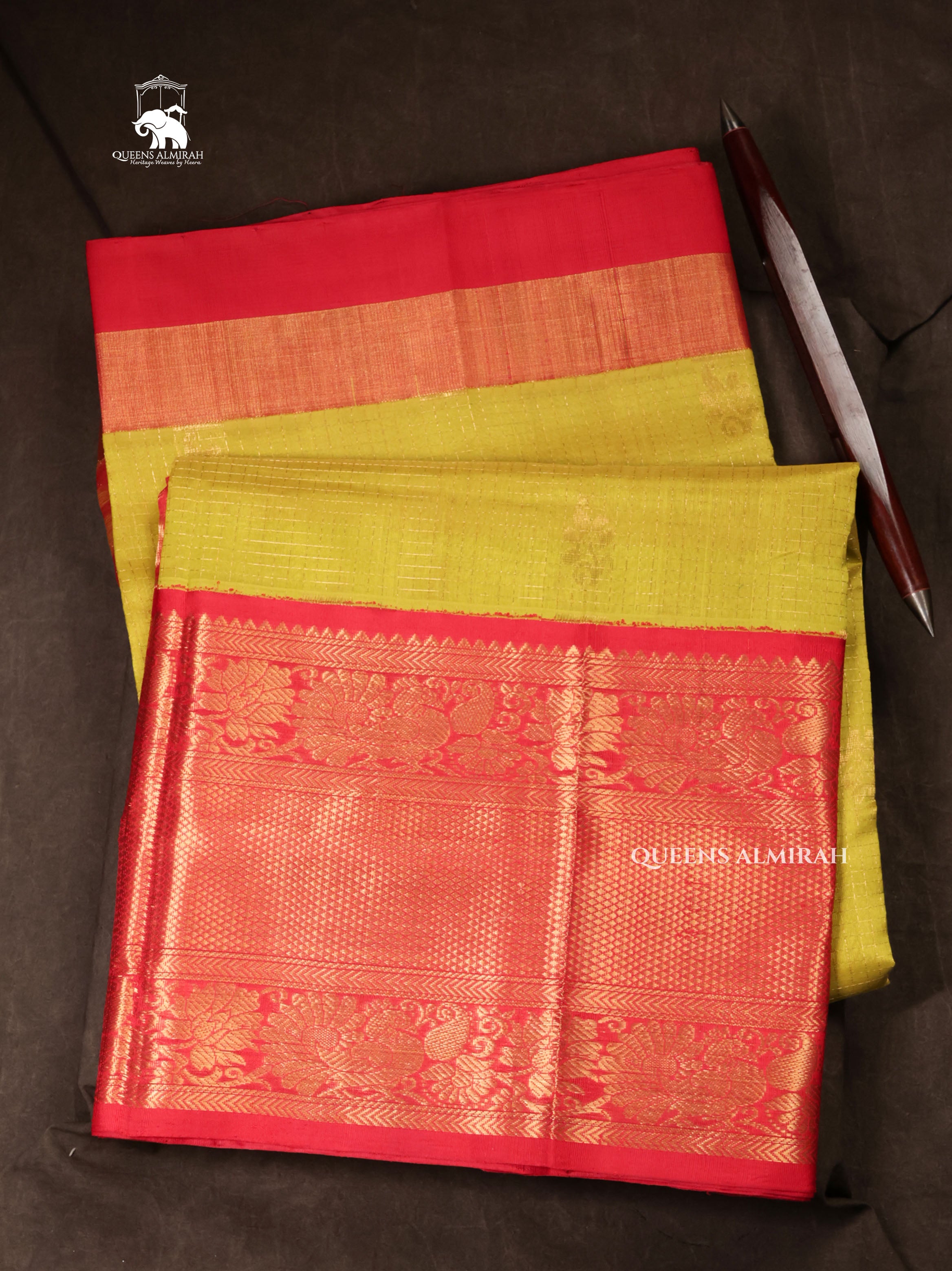 Lime Yellow With Red Pure Silk Cotton Saree