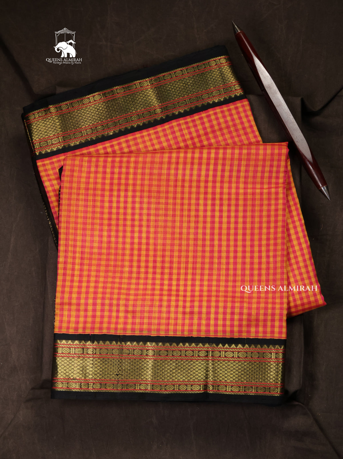Orange Kattam With Black Border Pure Silk Cotton Saree