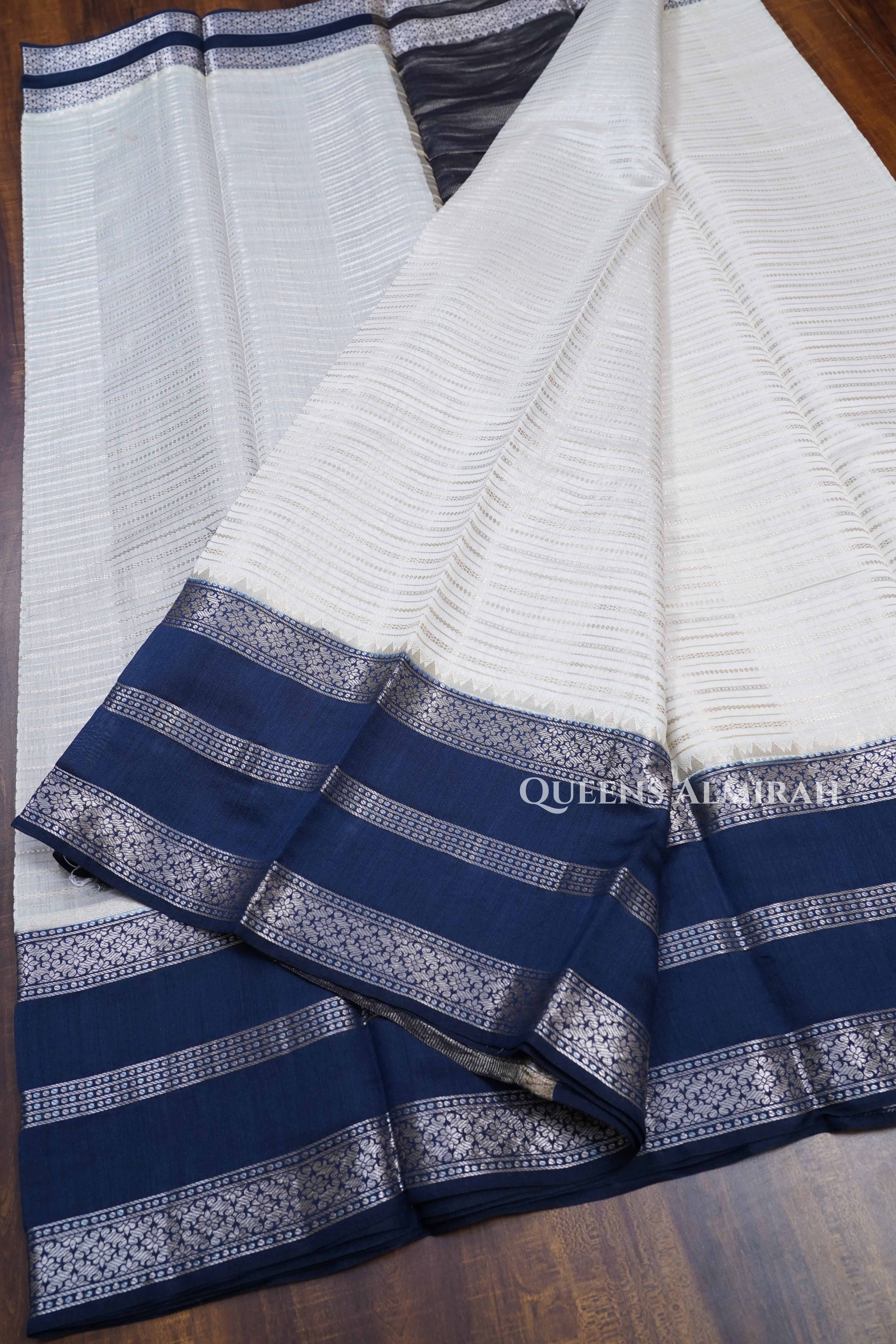 White With Dark Navy Chiniya Silk Saree