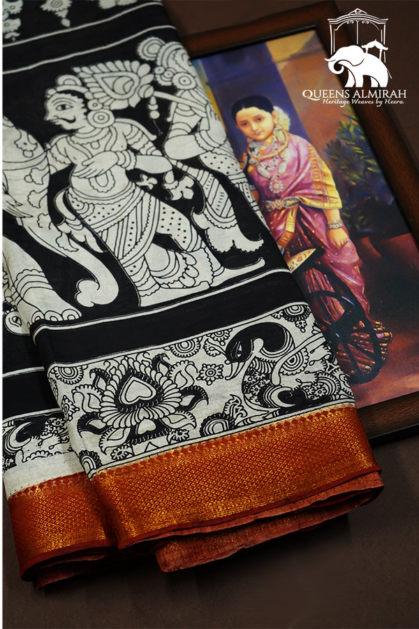 BLACK WITH GOLDEN BORDER MANGALGIRI SAREE - Queens Jewel Emporium