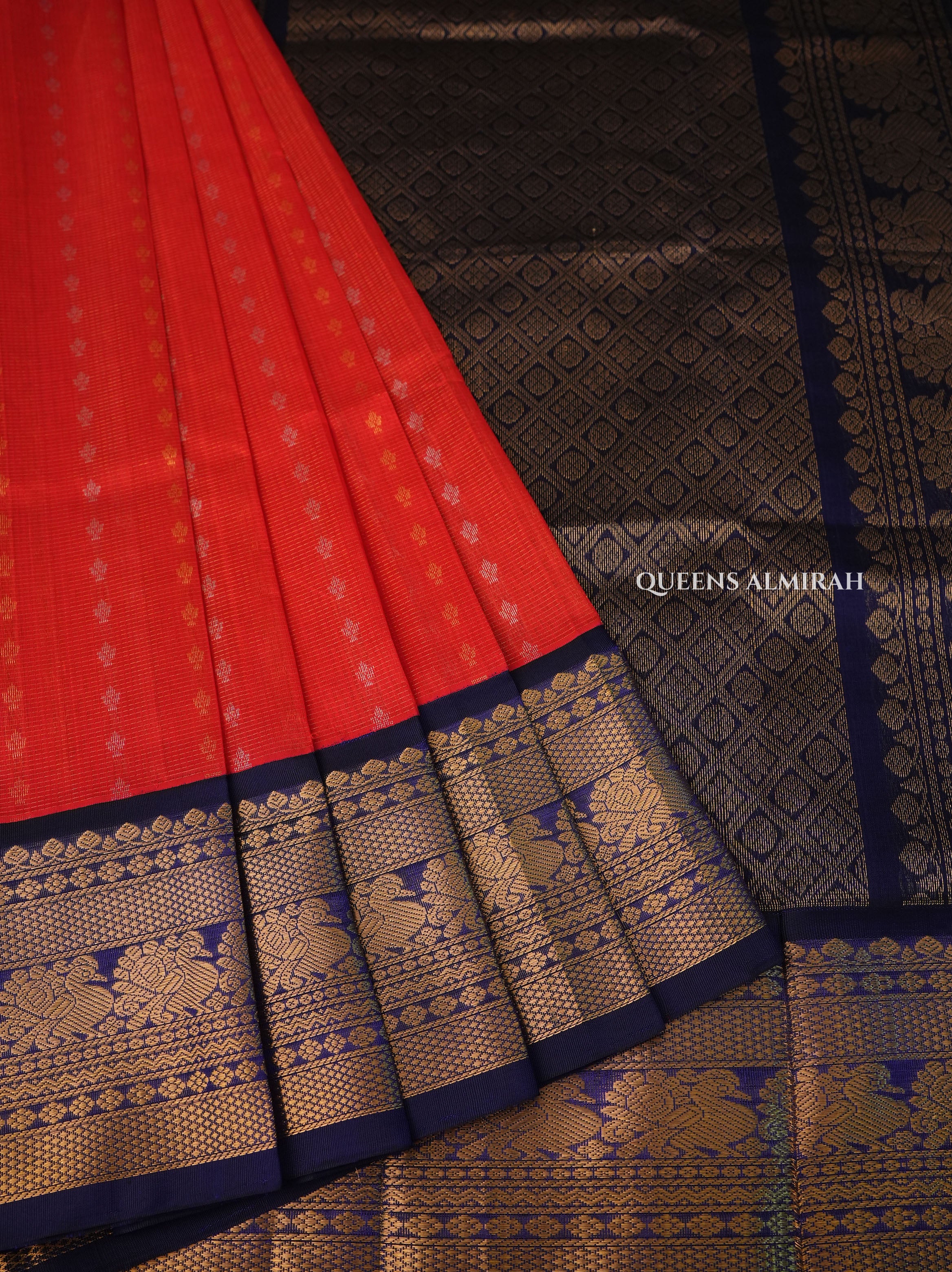 Tomato Red With Navy Blue Pure Silk Cotton Saree