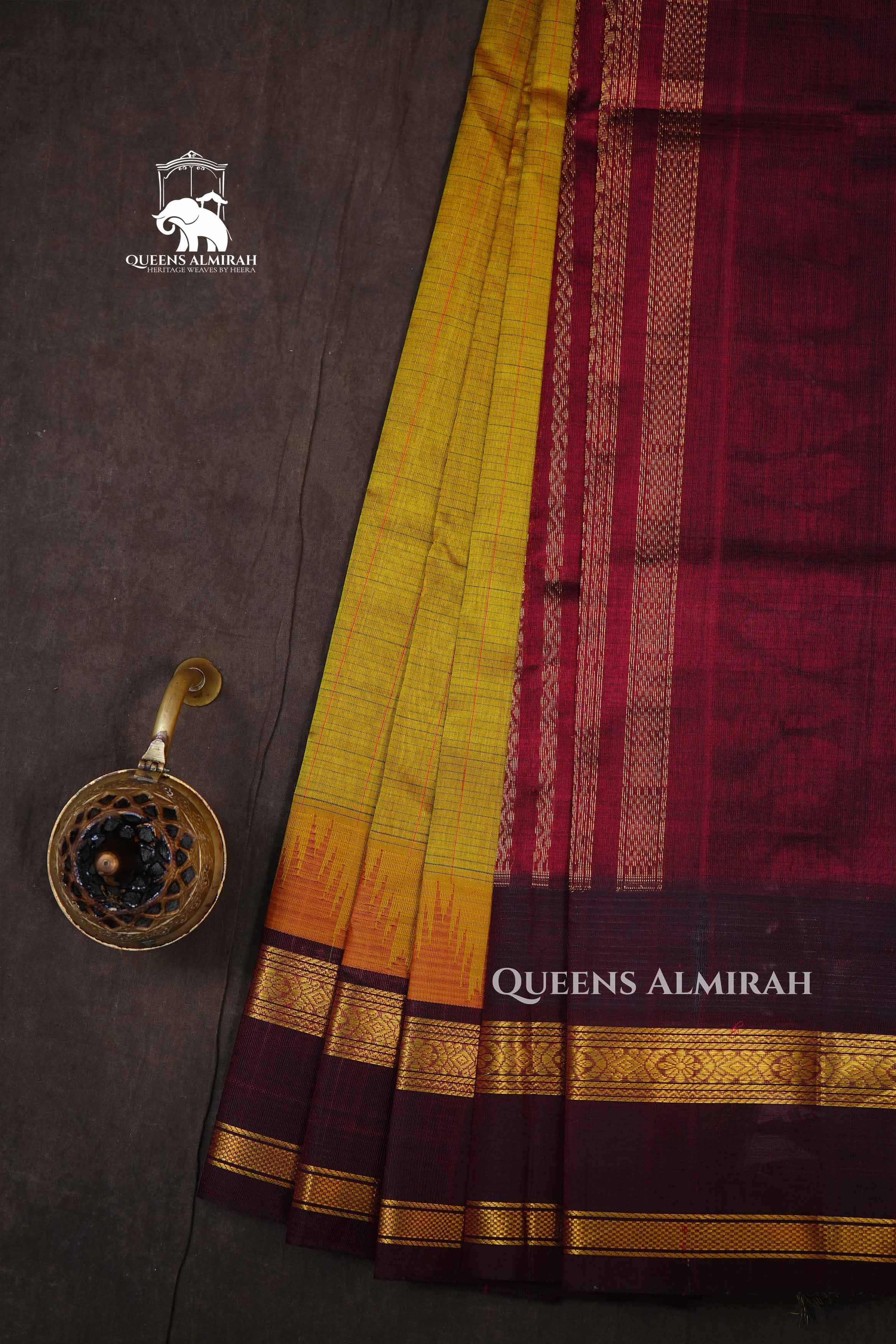 Mustard Green With Maroon Pure Kanchi Silk Cotton Saree