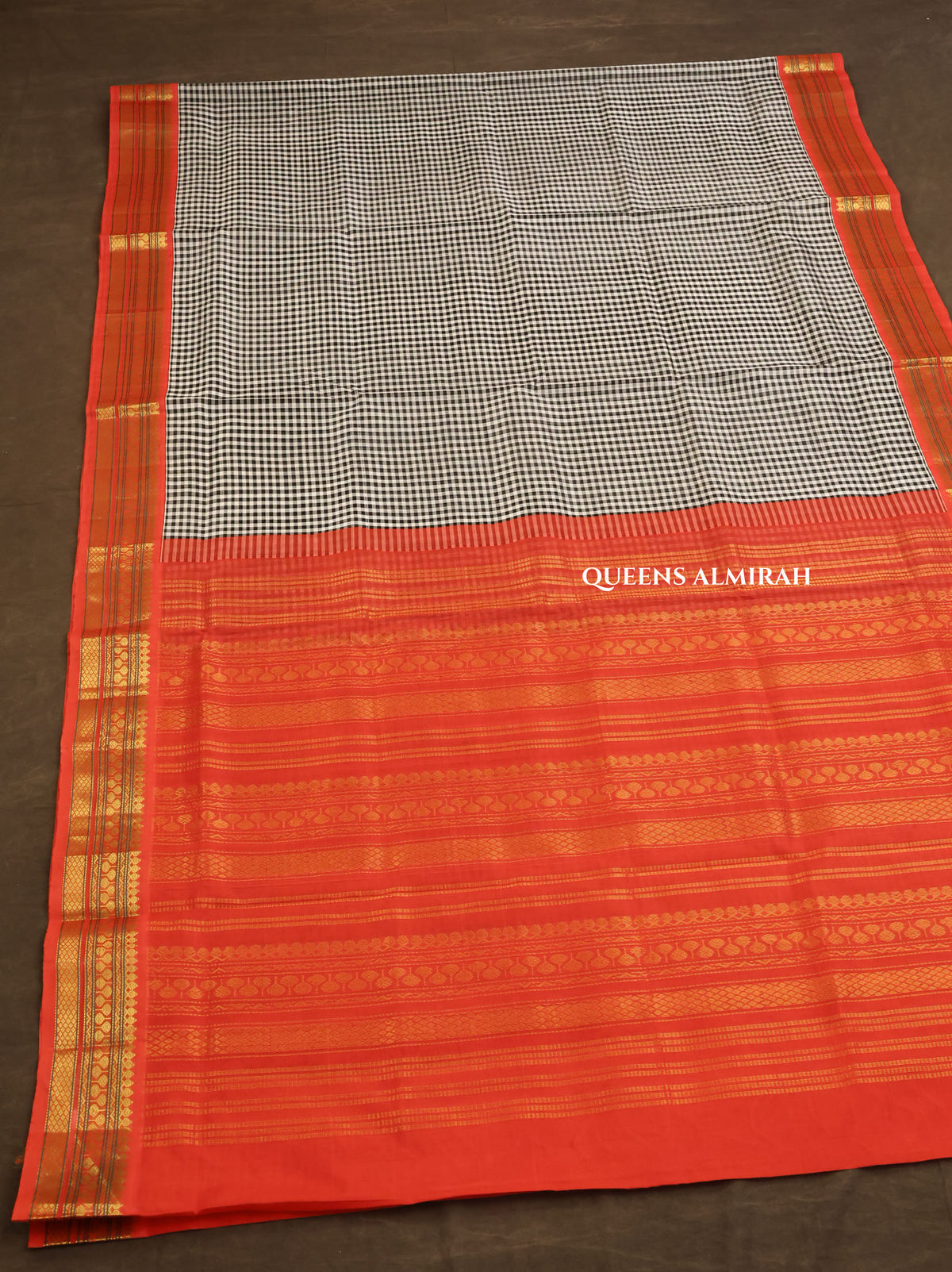 White And Black Kattam With Red Border Pure Silk Cotton Saree