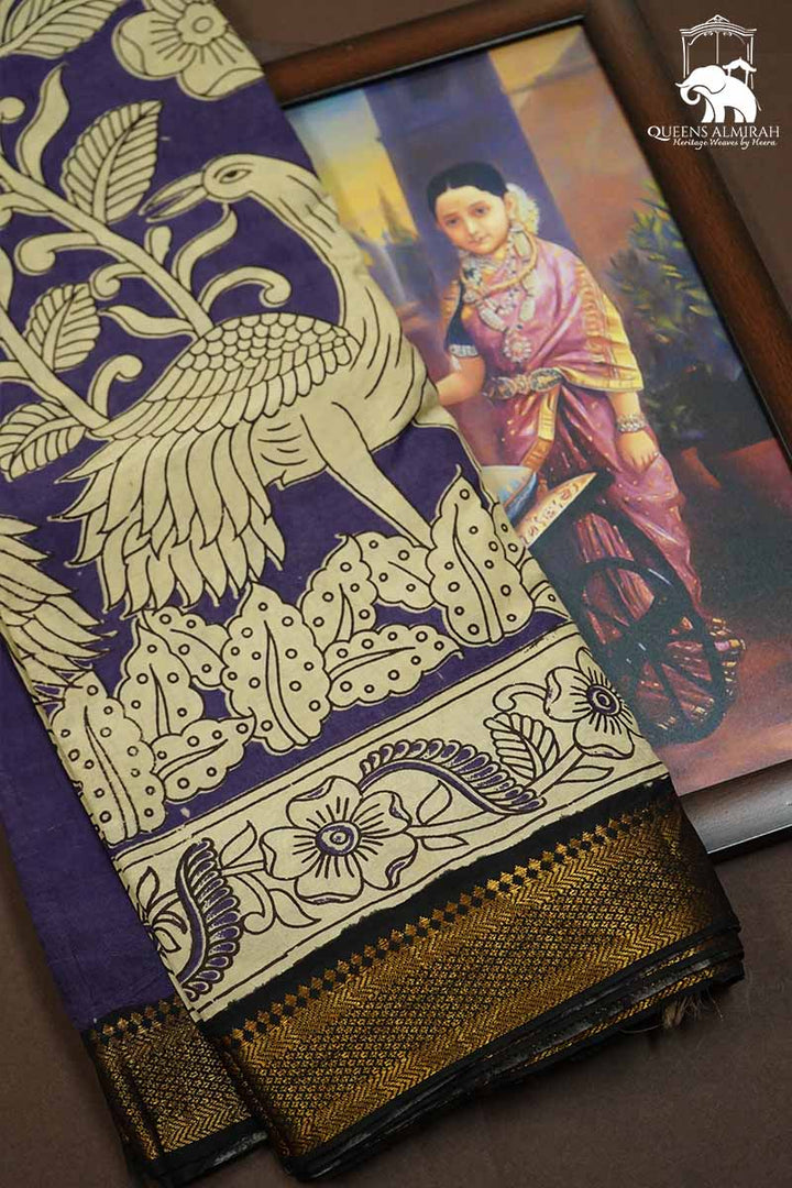 PURPLE HAZE WITH BLACK AND GOLDEN BORDER  MANGALGIRI SAREE - Queens Jewel Emporium