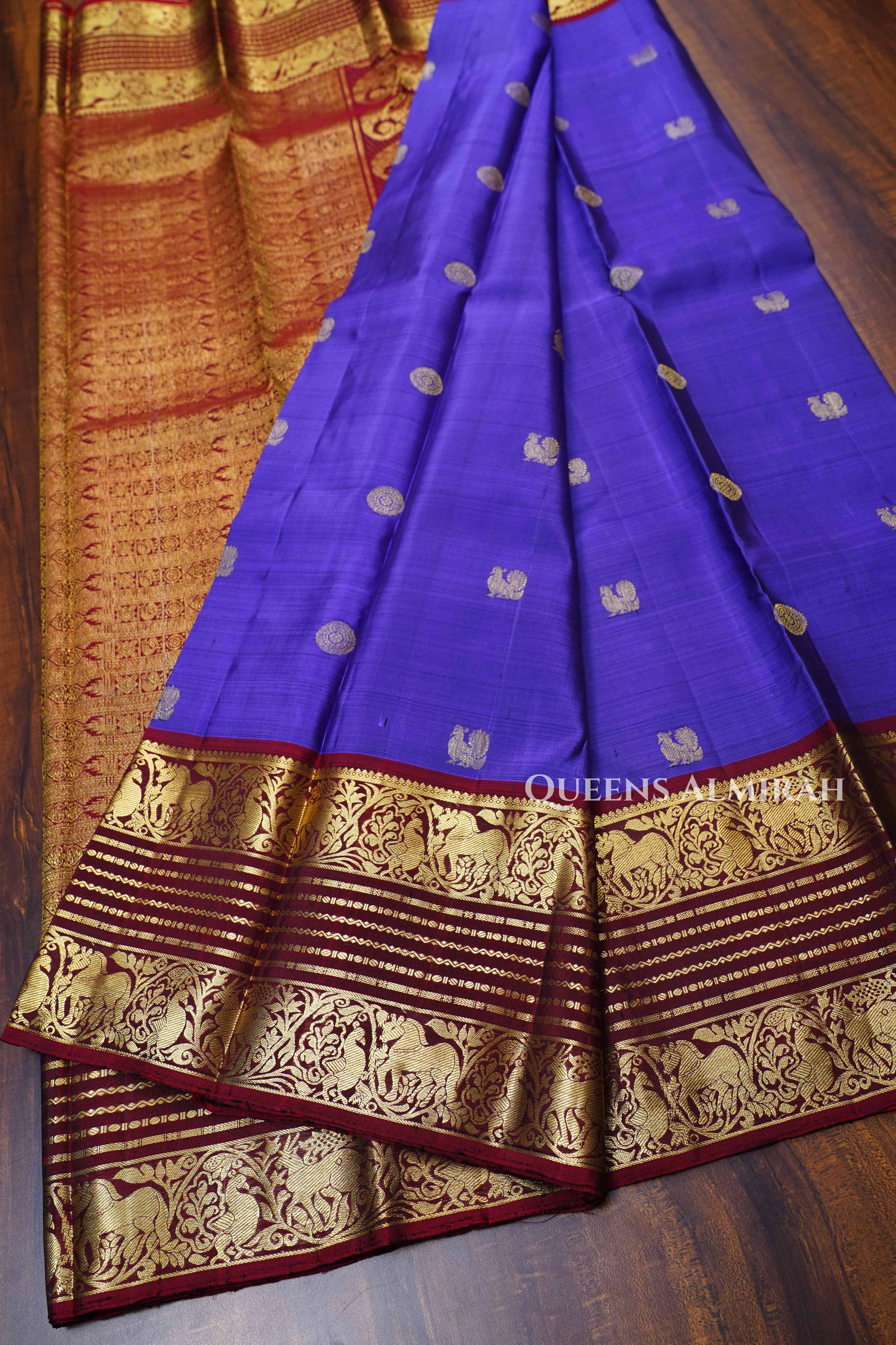 Light Indigo With Maroon Pure Kanchivaram Silk Saree