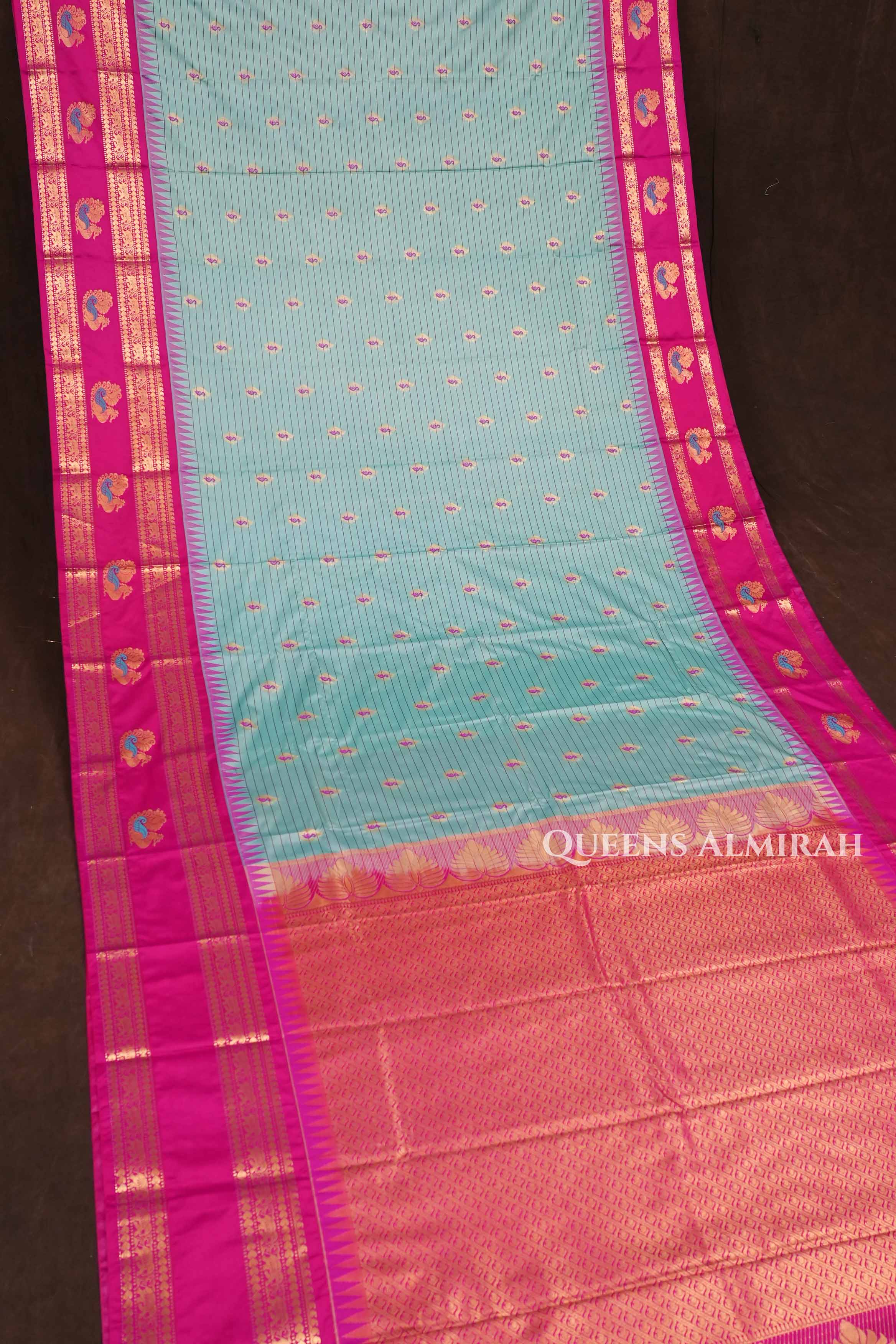 Sea Blue With Pink Semi Gadwal silk Saree