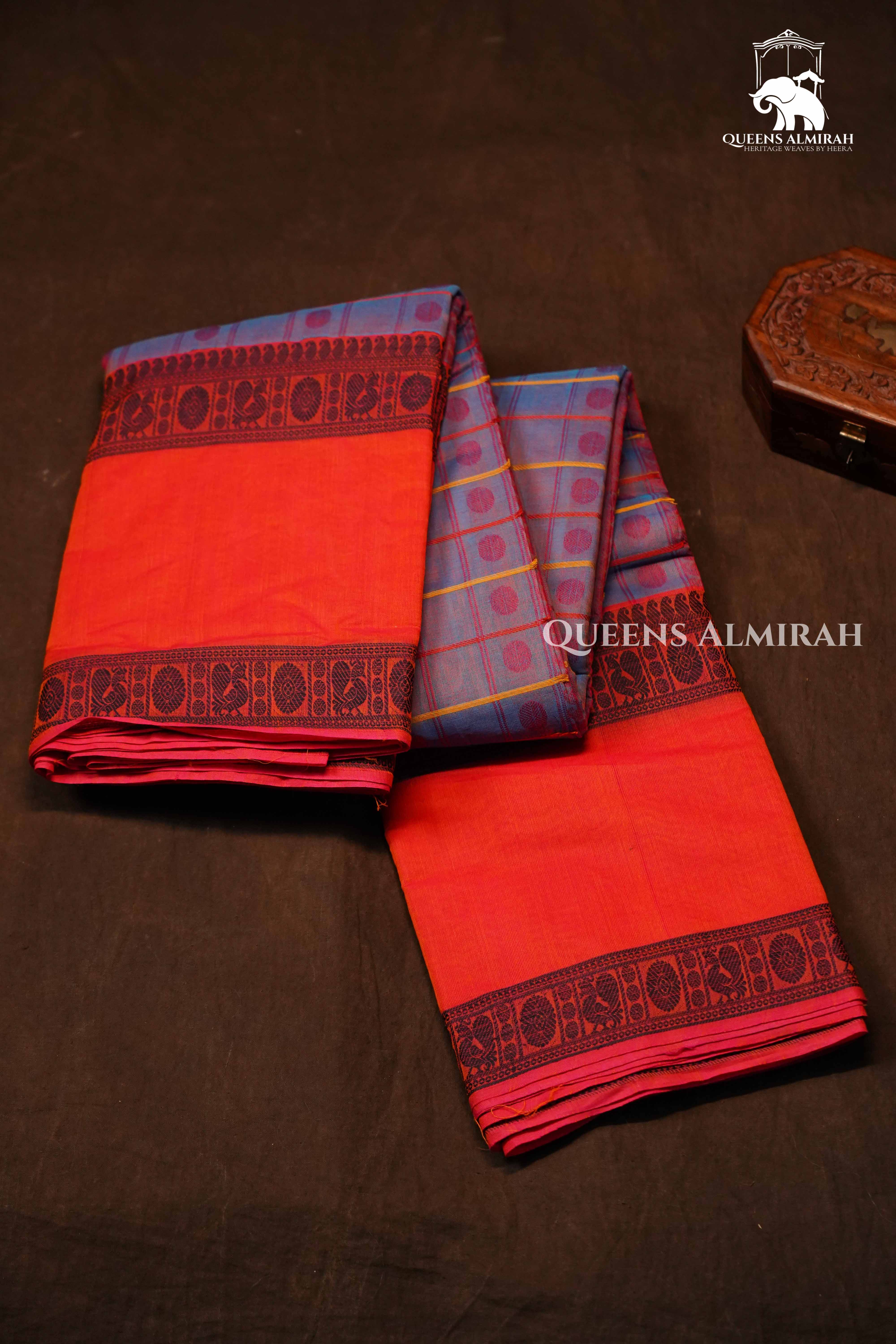 Dusky Purple With Orange  Chettinad Cotton Saree