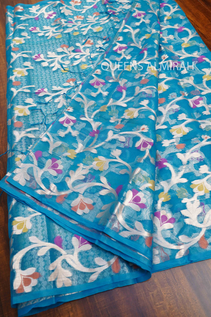 DEEP AQUA BLUE MUSLIN JAMDANI SAREE - Queens Jewel Emporium