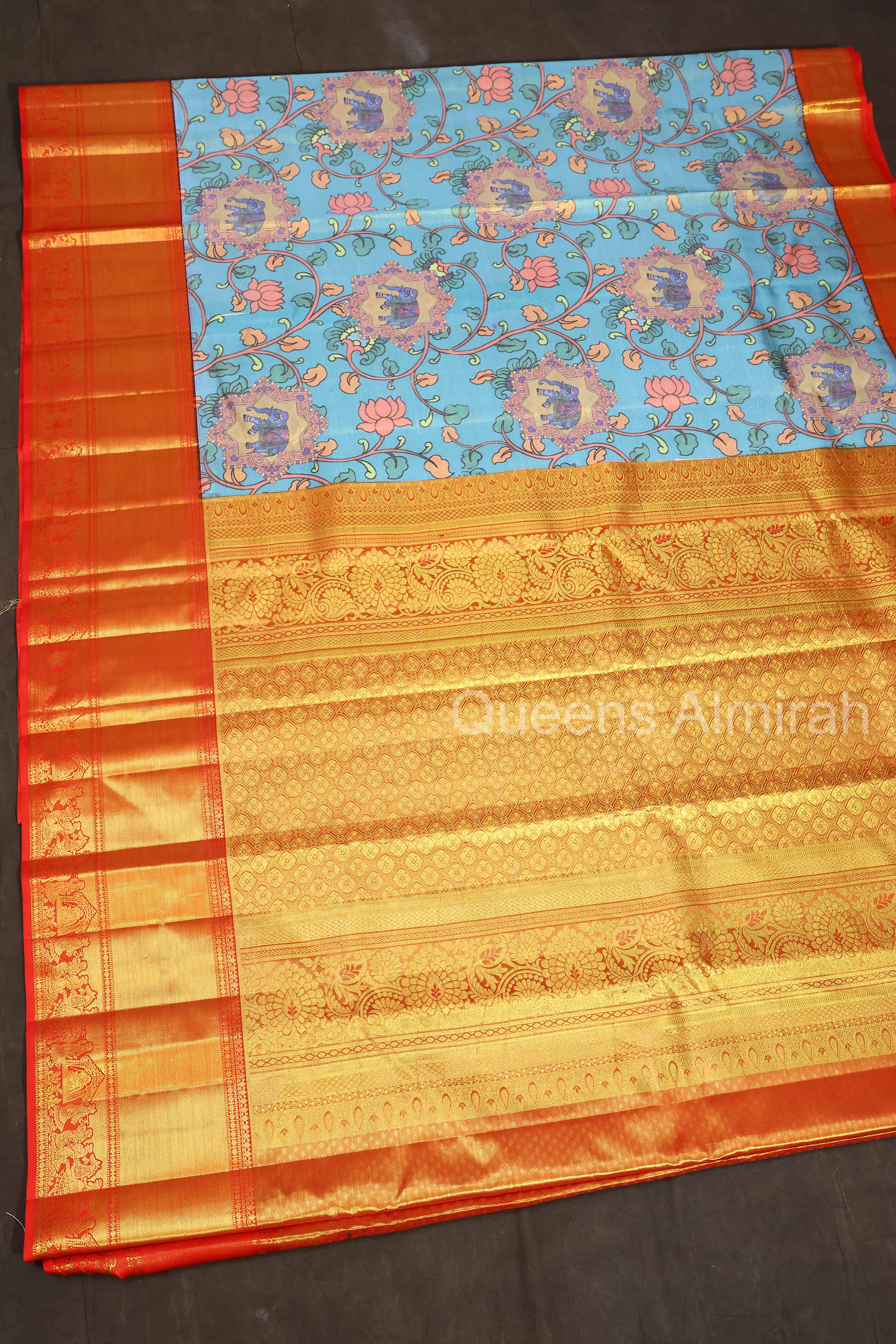 Blue Kalamkari Print With Red Long And Short Border Pure Kanchivaram Silk Saree