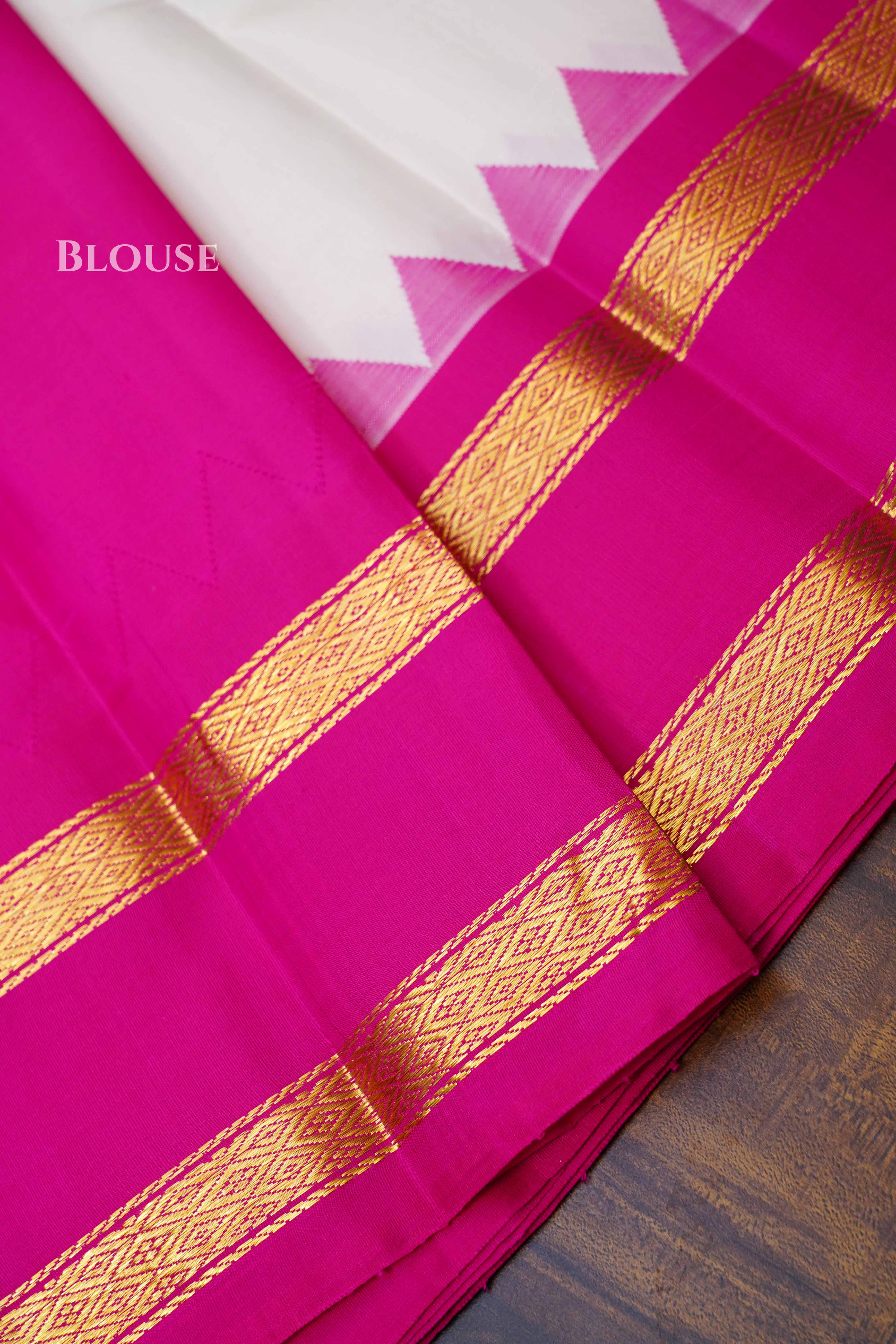 White With Leaf Green And Rasberry Pink Pure Kanchivaram Silk Saree