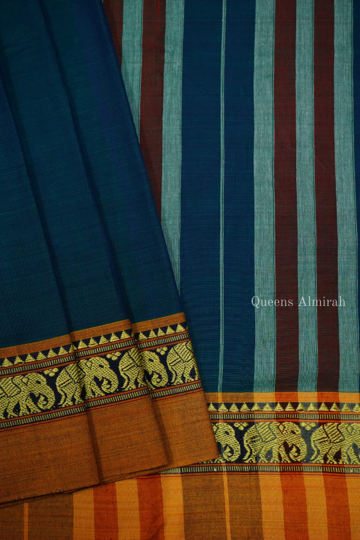 PEACOCK WITH BURNT ORANGE BORDER NARAYANPET COTTON SAREE - Queens Jewel Emporium