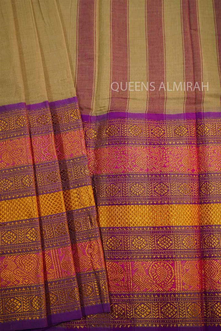SAND BIEGE LONG MULTI COLOUR ZARI BRODER NARAYANPET COTTON SAREE - Queens Jewel Emporium
