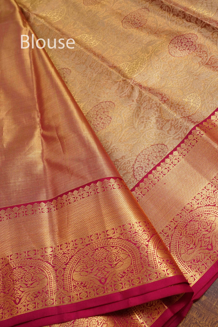 IVORY GOLD WITH PINK KANCHIVARAM  SILK SAREE - Queens Jewel Emporium