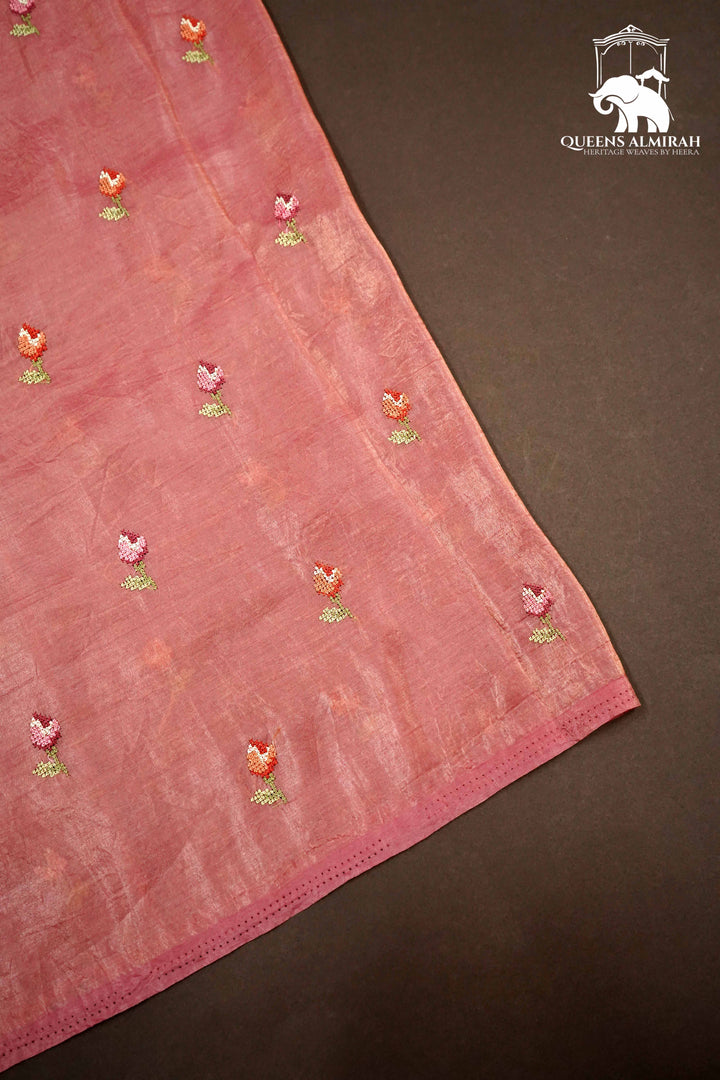TURKISH ROSE PINK WITH EMBROIDERY BORDER TISSUE SAREE - Queens Jewel Emporium