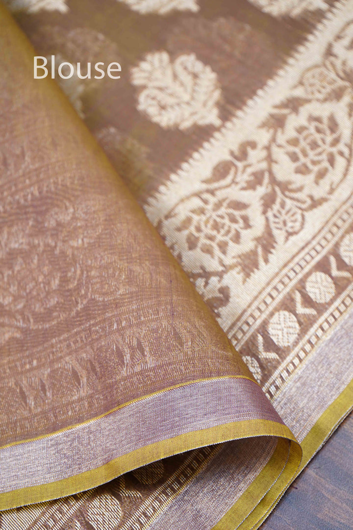 BROWNISH PURE BANARASI SILK COTTON SAREE - Queens Jewel Emporium