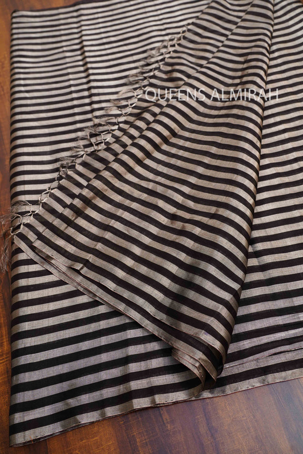 BLACK WITH SILVER ZEBRA STRIPES KATAN CHANDERI SILK SAREE - Queens Jewel Emporium