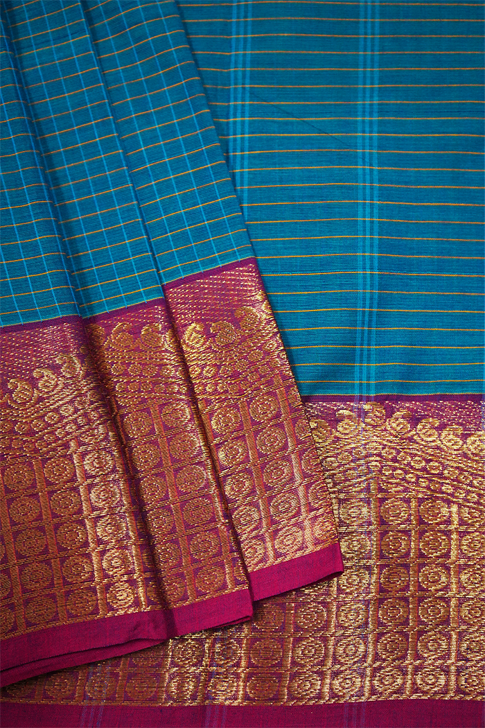 DARK AQUA WITH DARK RASPBERRY KANCHI COTTON SAREE - Queens Jewel Emporium
