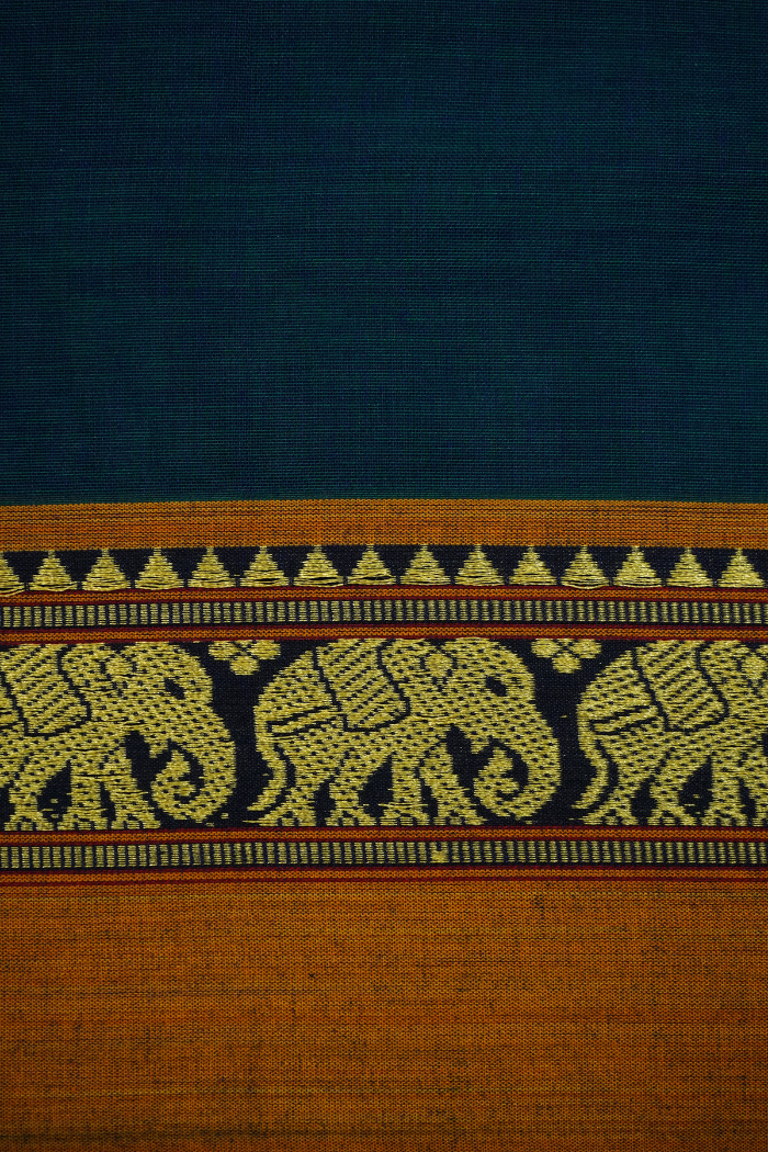 PEACOCK WITH BURNT ORANGE BORDER NARAYANPET COTTON SAREE - Queens Jewel Emporium