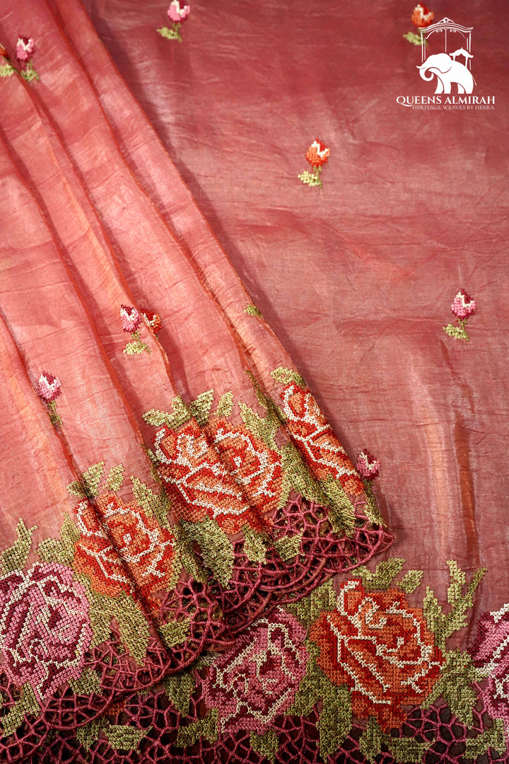 TURKISH ROSE PINK WITH EMBROIDERY BORDER TISSUE SAREE - Queens Jewel Emporium