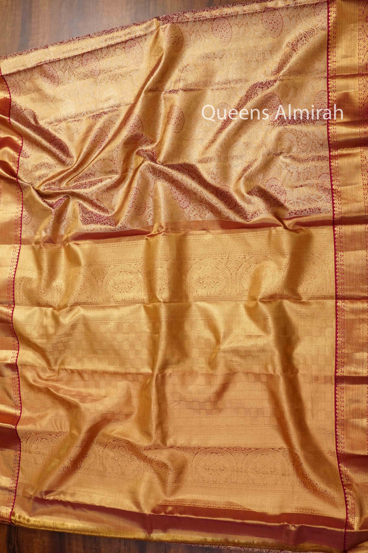 IVORY GOLD WITH PINK KANCHIVARAM  SILK SAREE - Queens Jewel Emporium