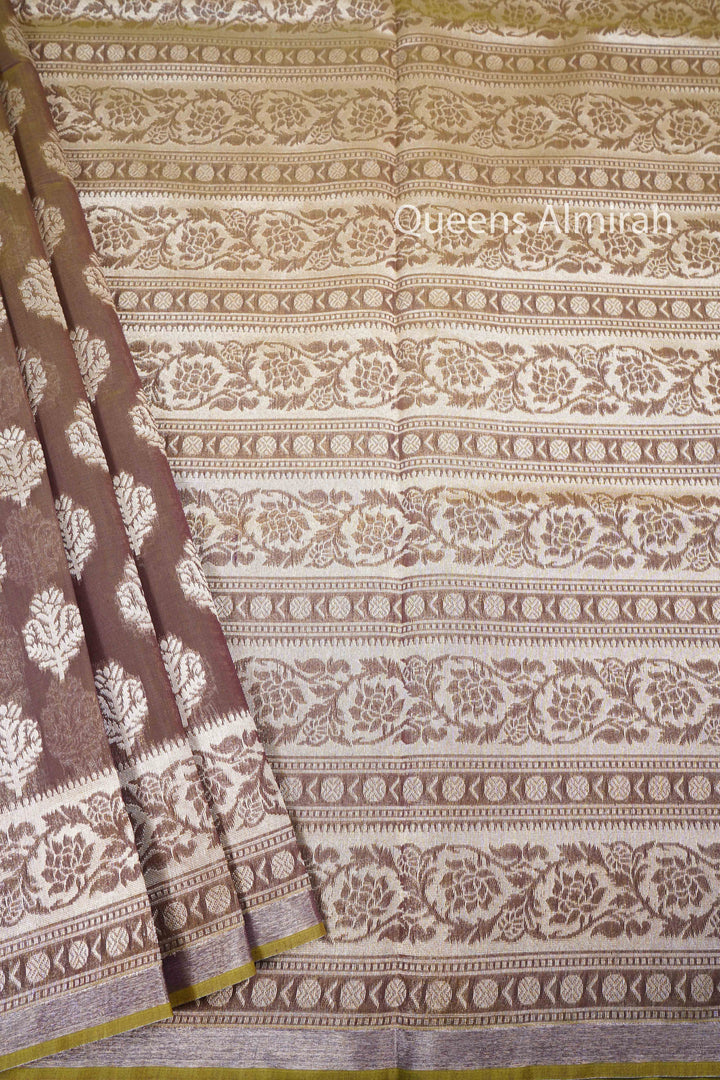BROWNISH PURE BANARASI SILK COTTON SAREE - Queens Jewel Emporium