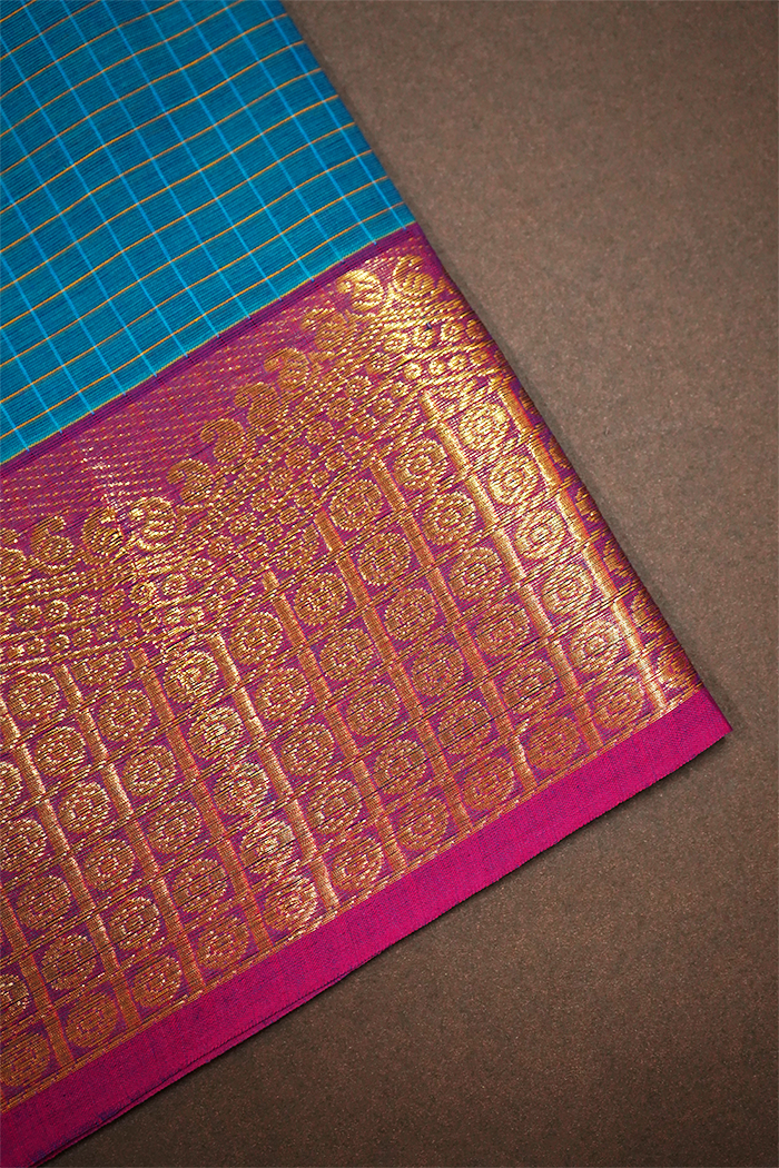 DARK AQUA WITH DARK RASPBERRY KANCHI COTTON SAREE - Queens Jewel Emporium