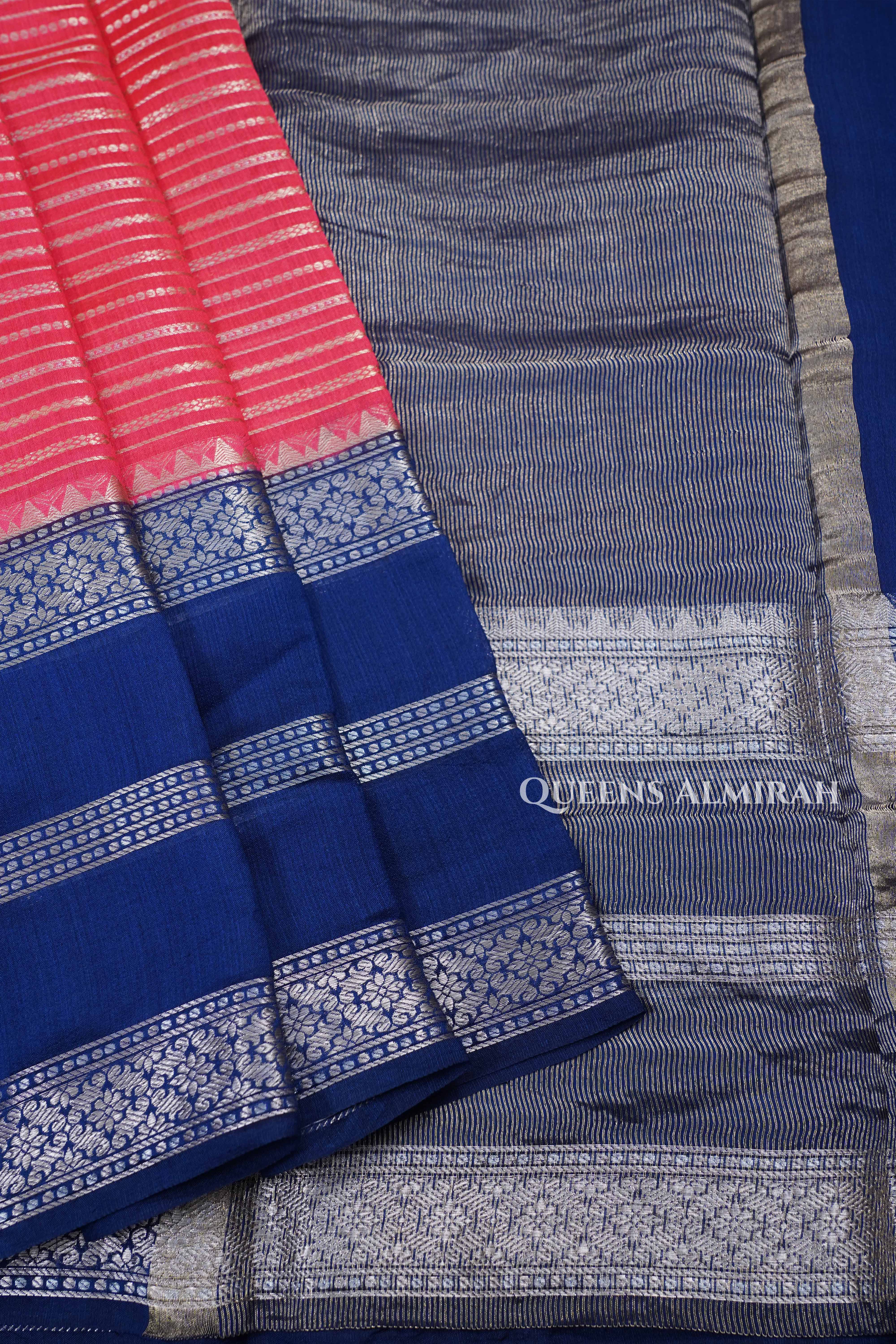 Orange with Navy Blue Chiniya Silk Saree