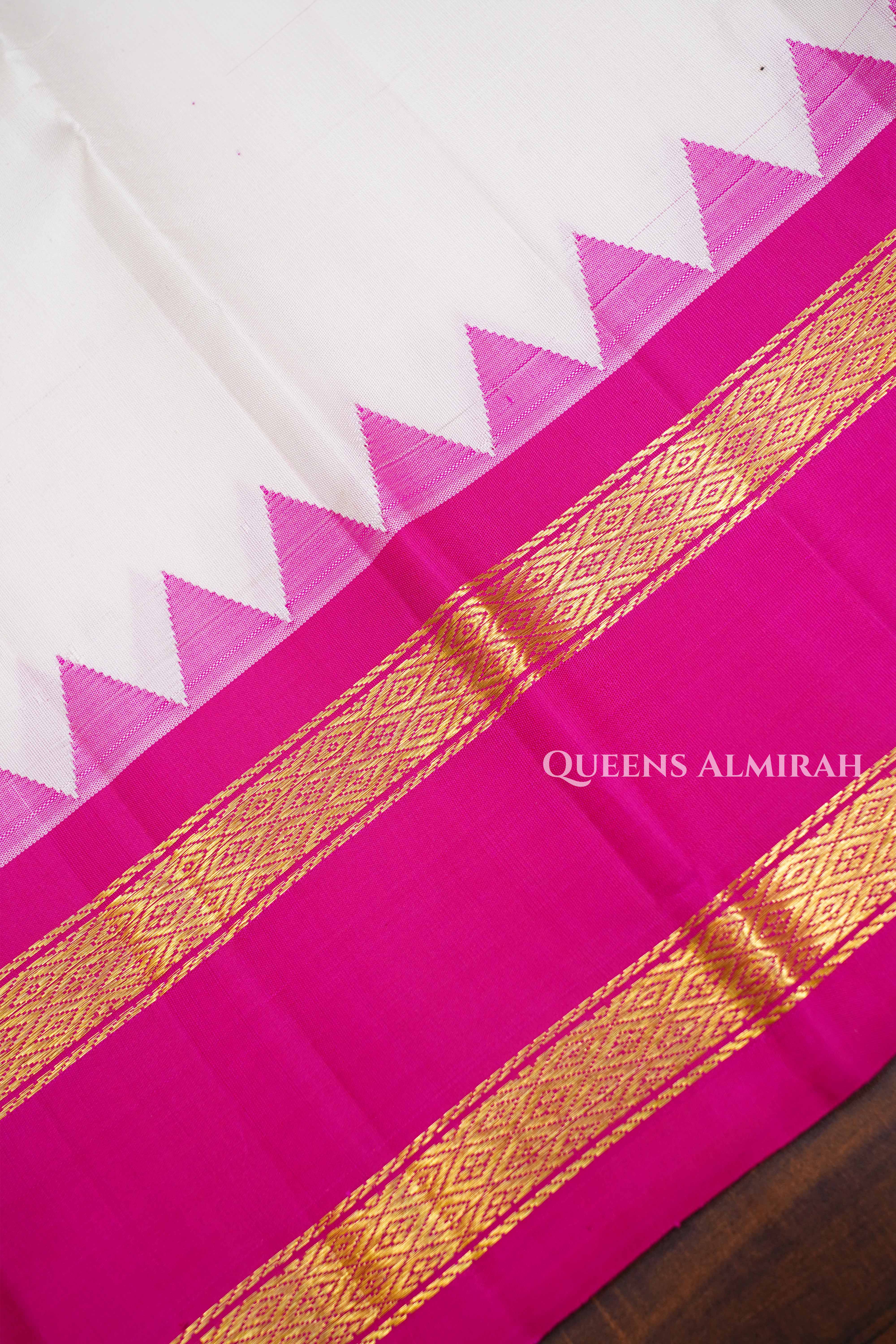 White With Leaf Green And Rasberry Pink Pure Kanchivaram Silk Saree