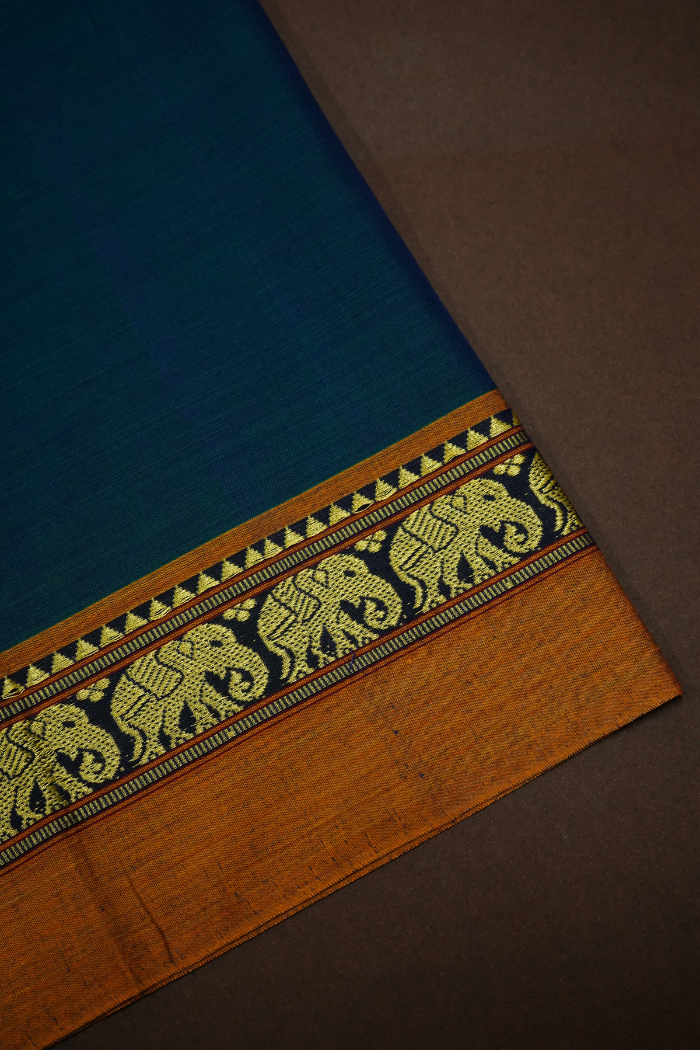 PEACOCK WITH BURNT ORANGE BORDER NARAYANPET COTTON SAREE - Queens Jewel Emporium