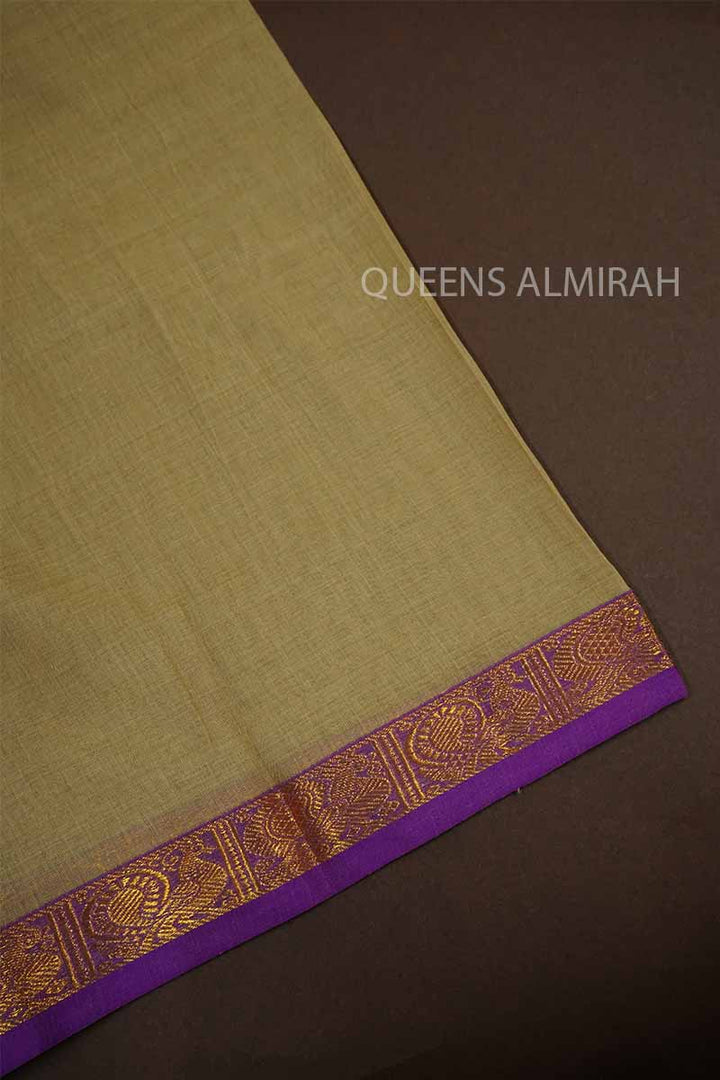 SAND BIEGE LONG MULTI COLOUR ZARI BRODER NARAYANPET COTTON SAREE - Queens Jewel Emporium
