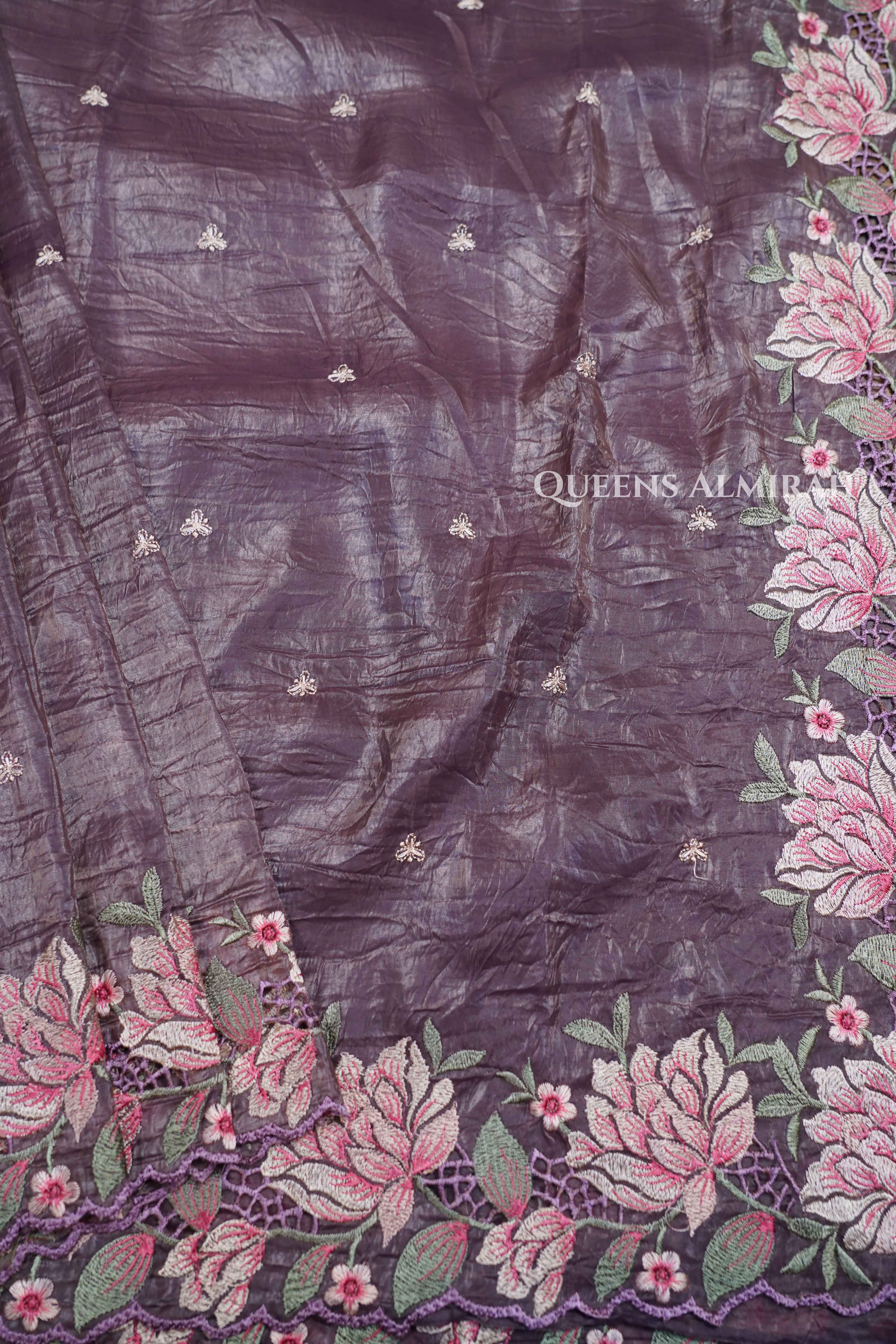 DUSKY PURPLE GLASS TISSUE SAREE - Queens Jewel Emporium