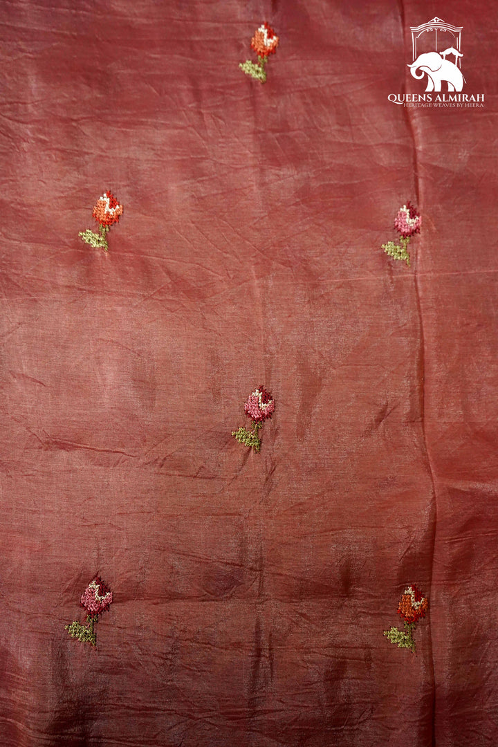 TURKISH ROSE PINK WITH EMBROIDERY BORDER TISSUE SAREE - Queens Jewel Emporium