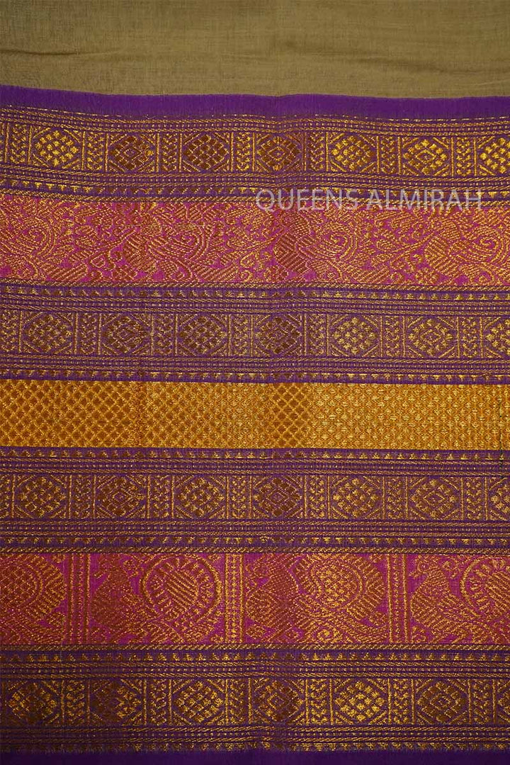 SAND BIEGE LONG MULTI COLOUR ZARI BRODER NARAYANPET COTTON SAREE - Queens Jewel Emporium