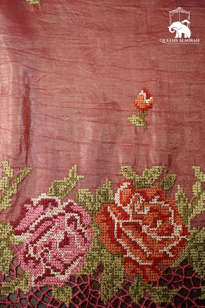 TURKISH ROSE PINK WITH EMBROIDERY BORDER TISSUE SAREE - Queens Jewel Emporium