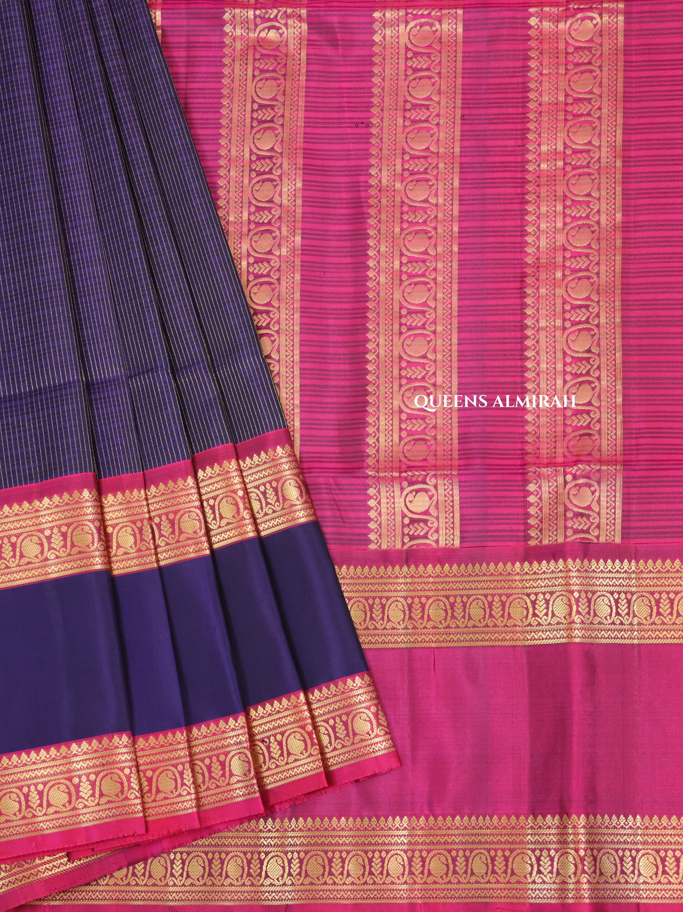 Navy Blue With Magenta Pink Payadi Pure Soft Silk Saree