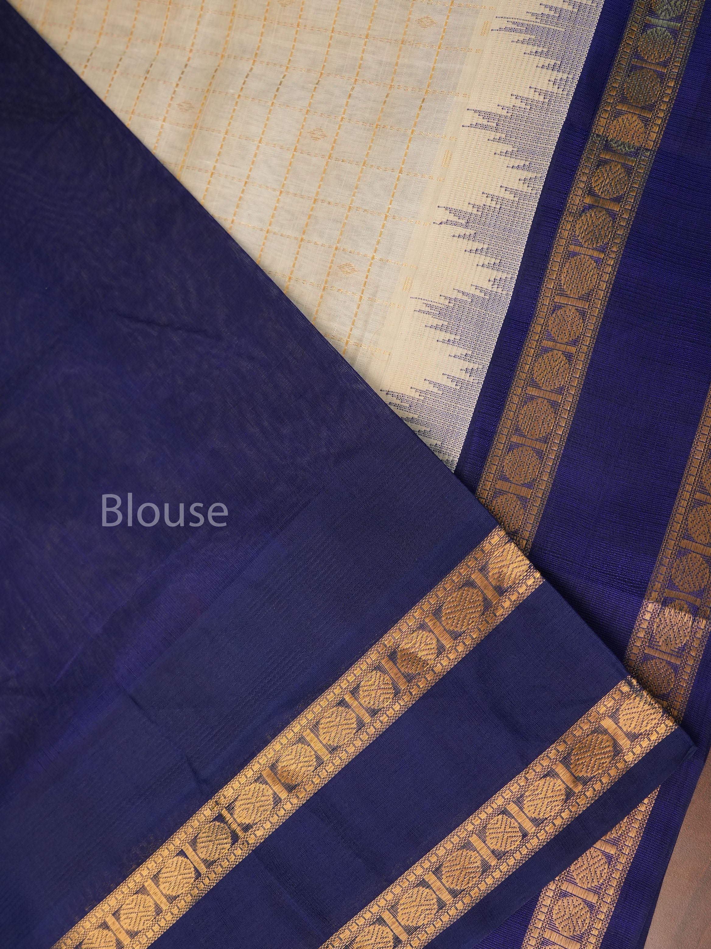 White Kattam With Navy Blue Pure Silk Cotton Saree
