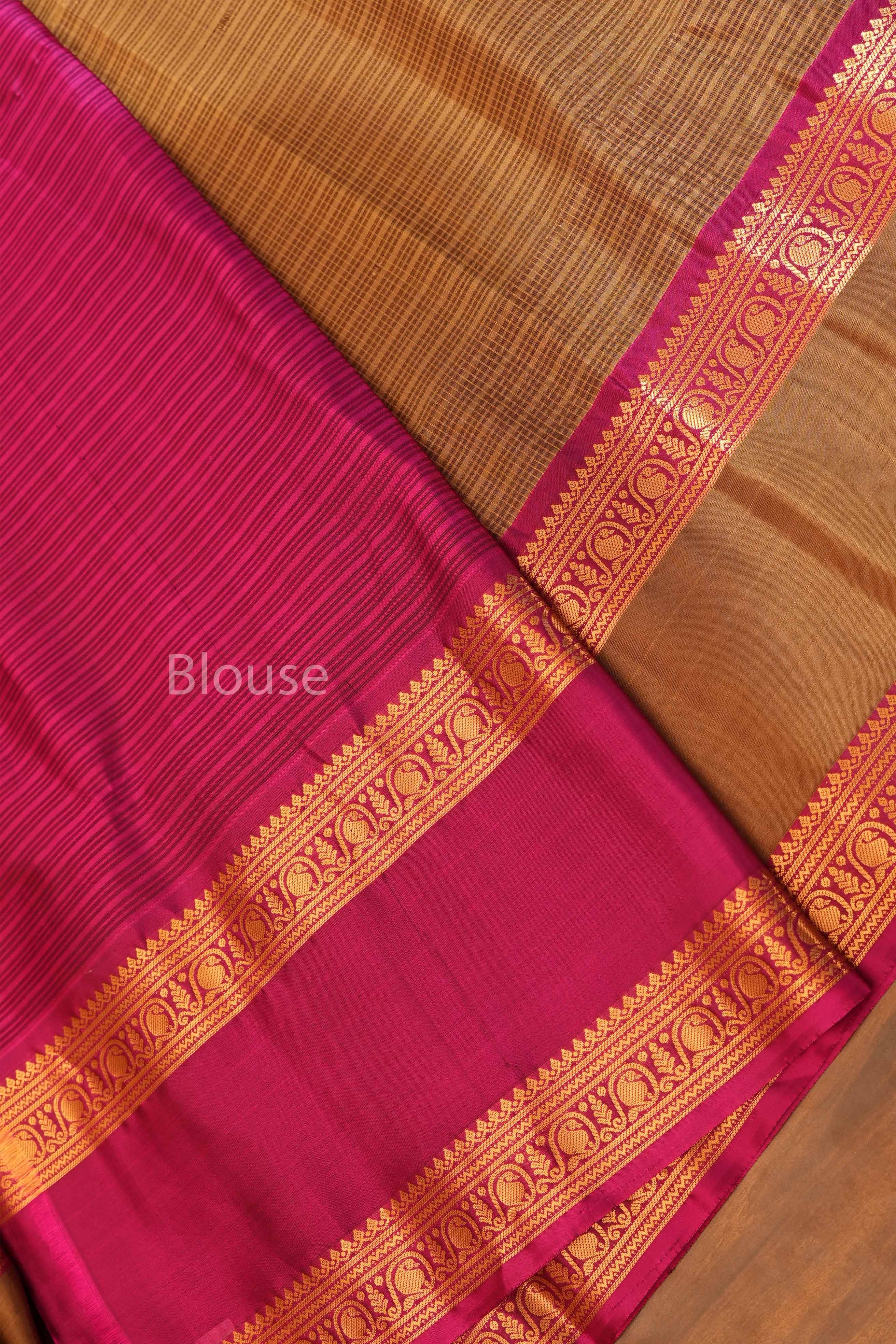 Mustard Brown With Pink Rettapetta Border Payadi Pure Soft Silk Saree