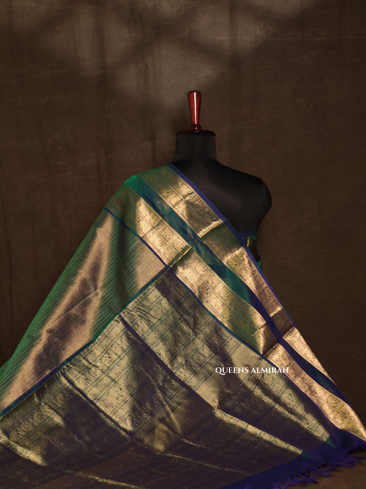 Golden With Peacock Blue Chettinad Silk Cotton Saree