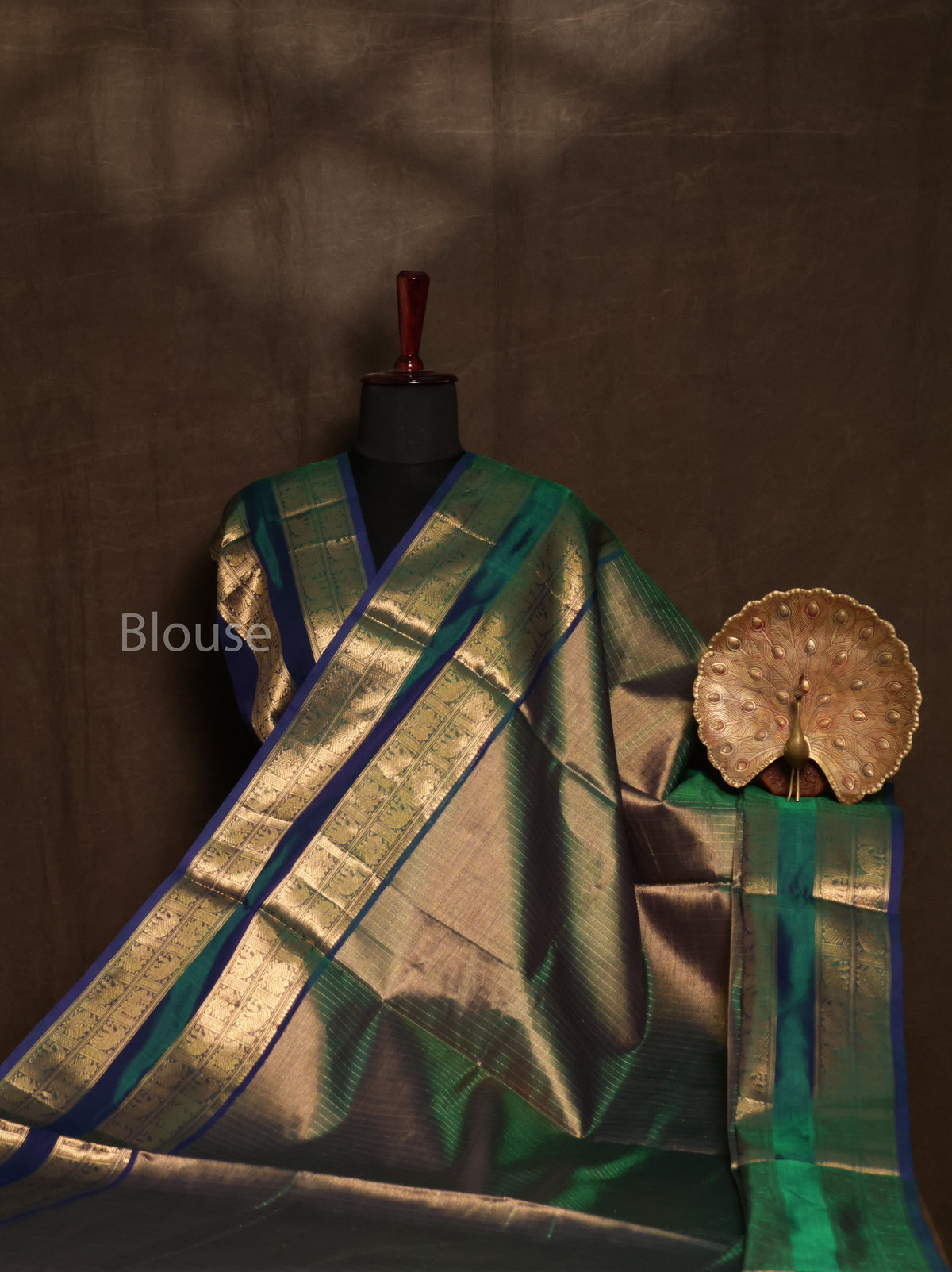 Golden With Peacock Blue Chettinad Silk Cotton Saree