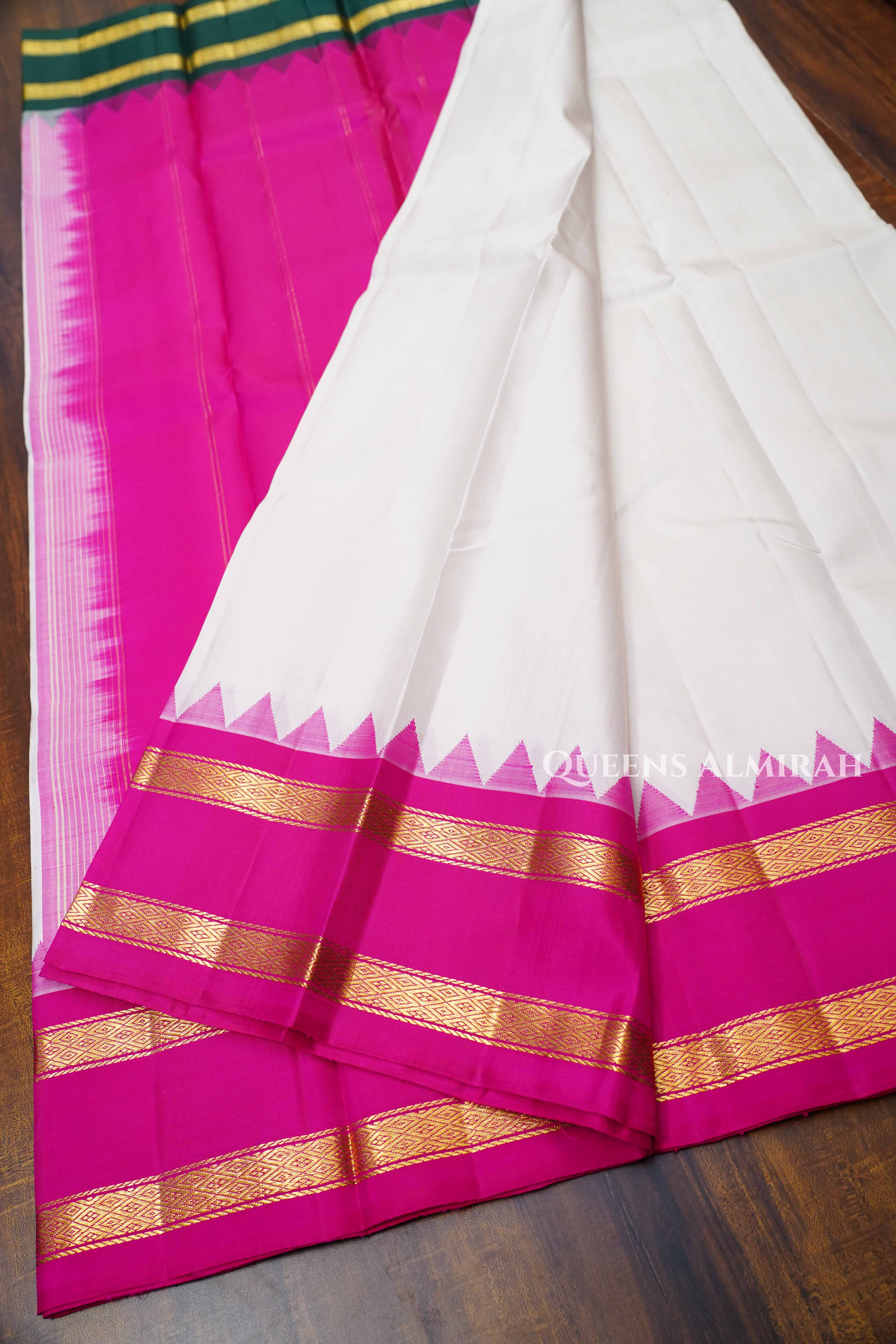 White With Leaf Green And Rasberry Pink Pure Kanchivaram Silk Saree