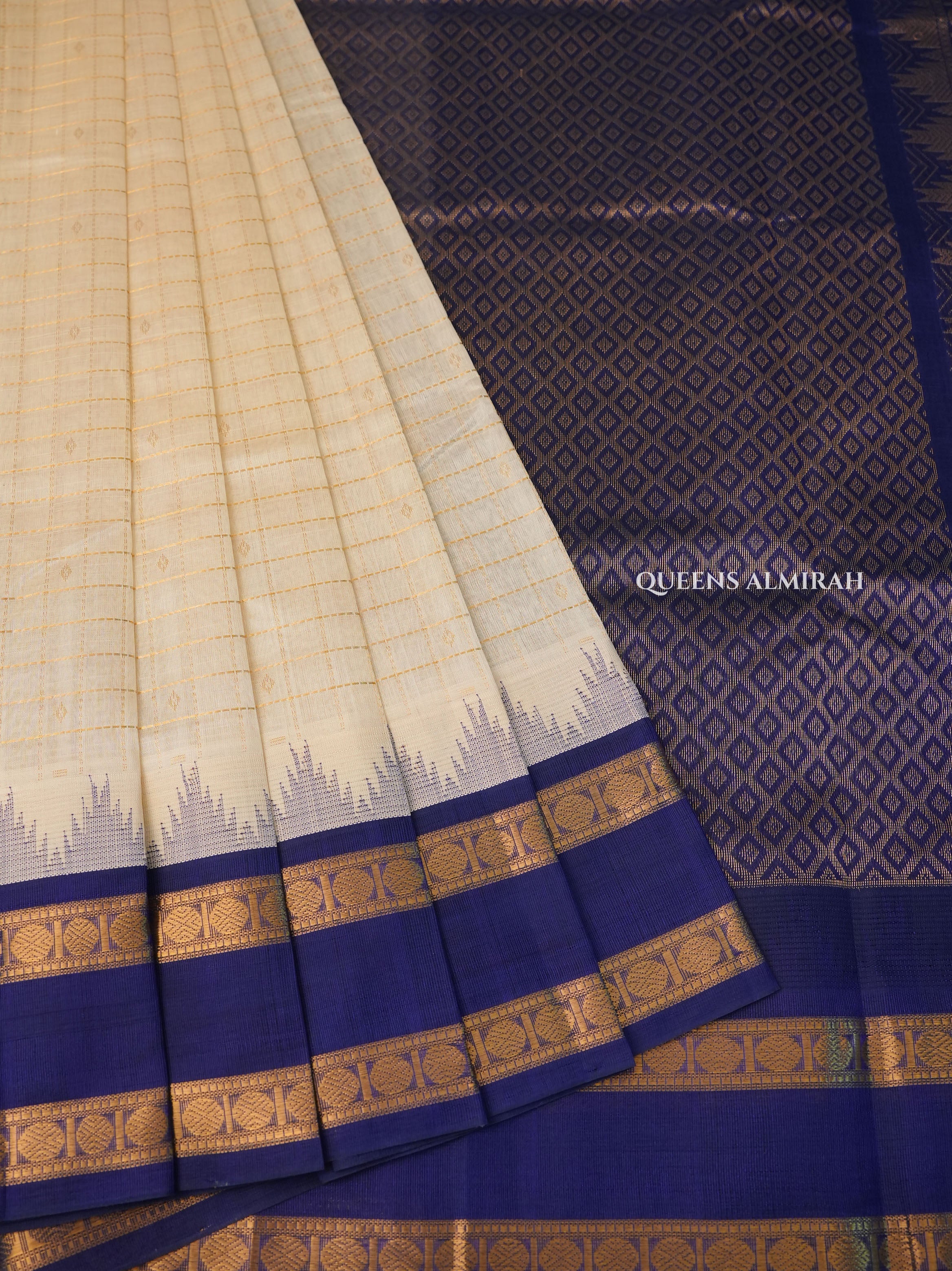 White Kattam With Navy Blue Pure Silk Cotton Saree