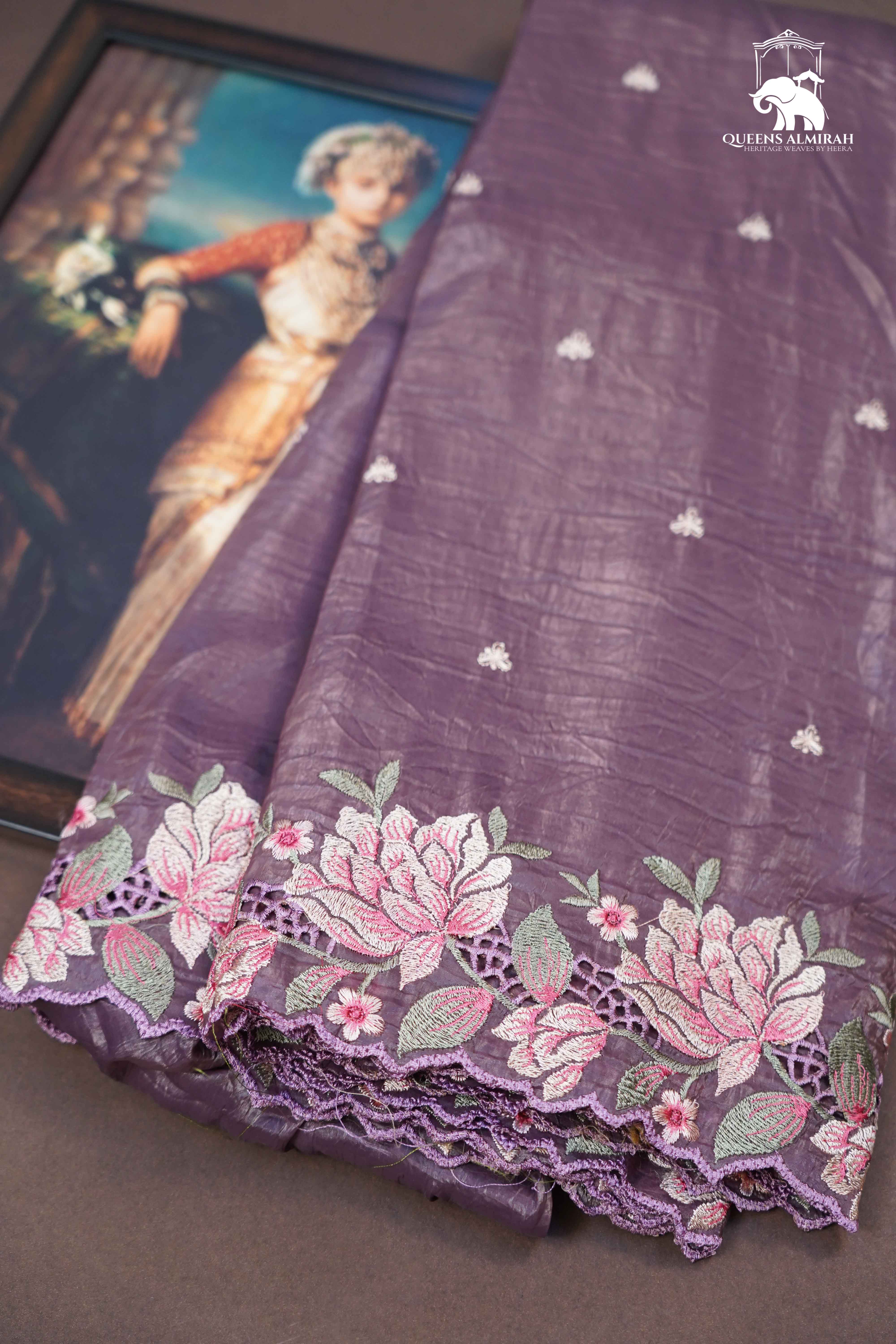 DUSKY PURPLE GLASS TISSUE SAREE - Queens Jewel Emporium