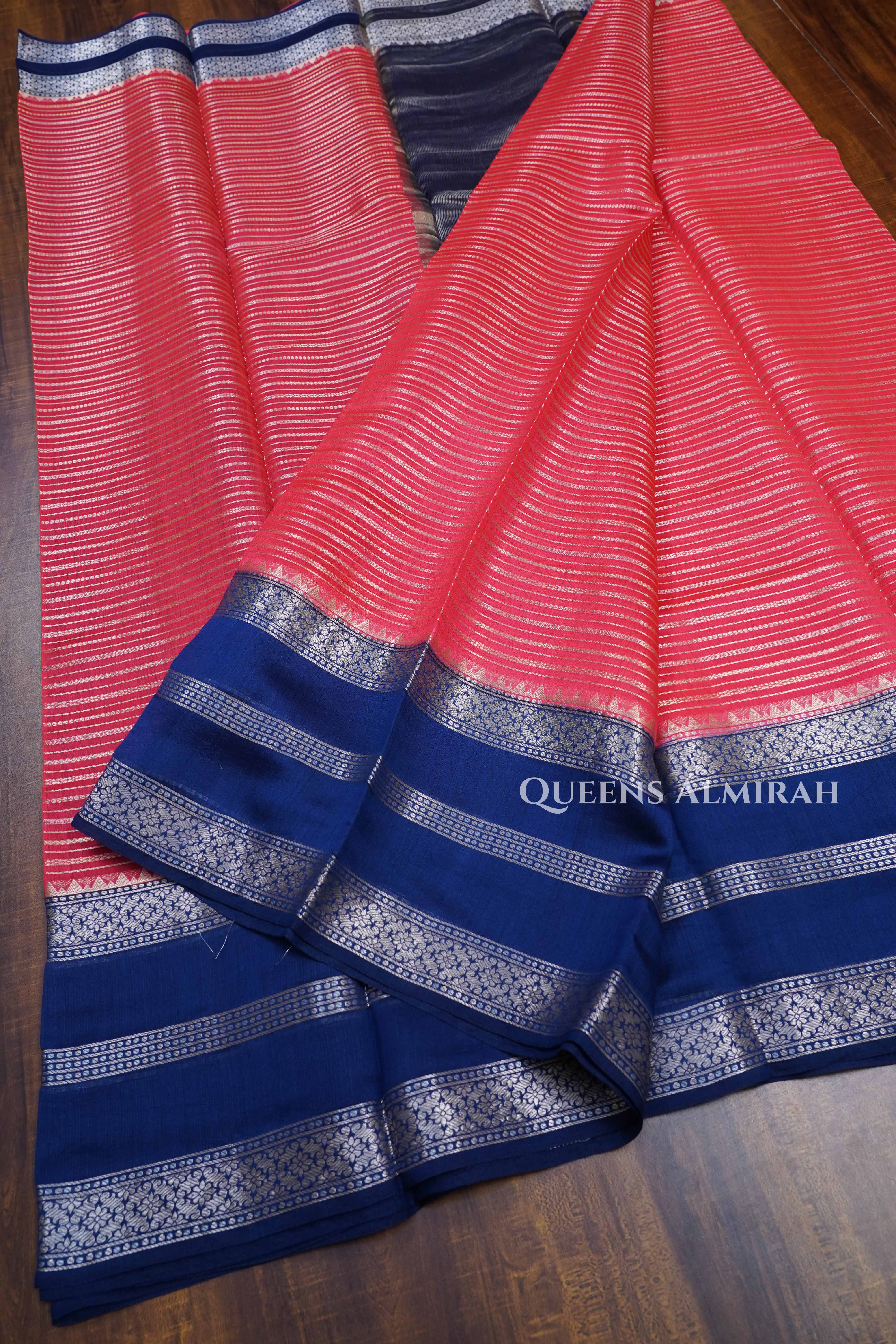 Orange with Navy Blue Chiniya Silk Saree