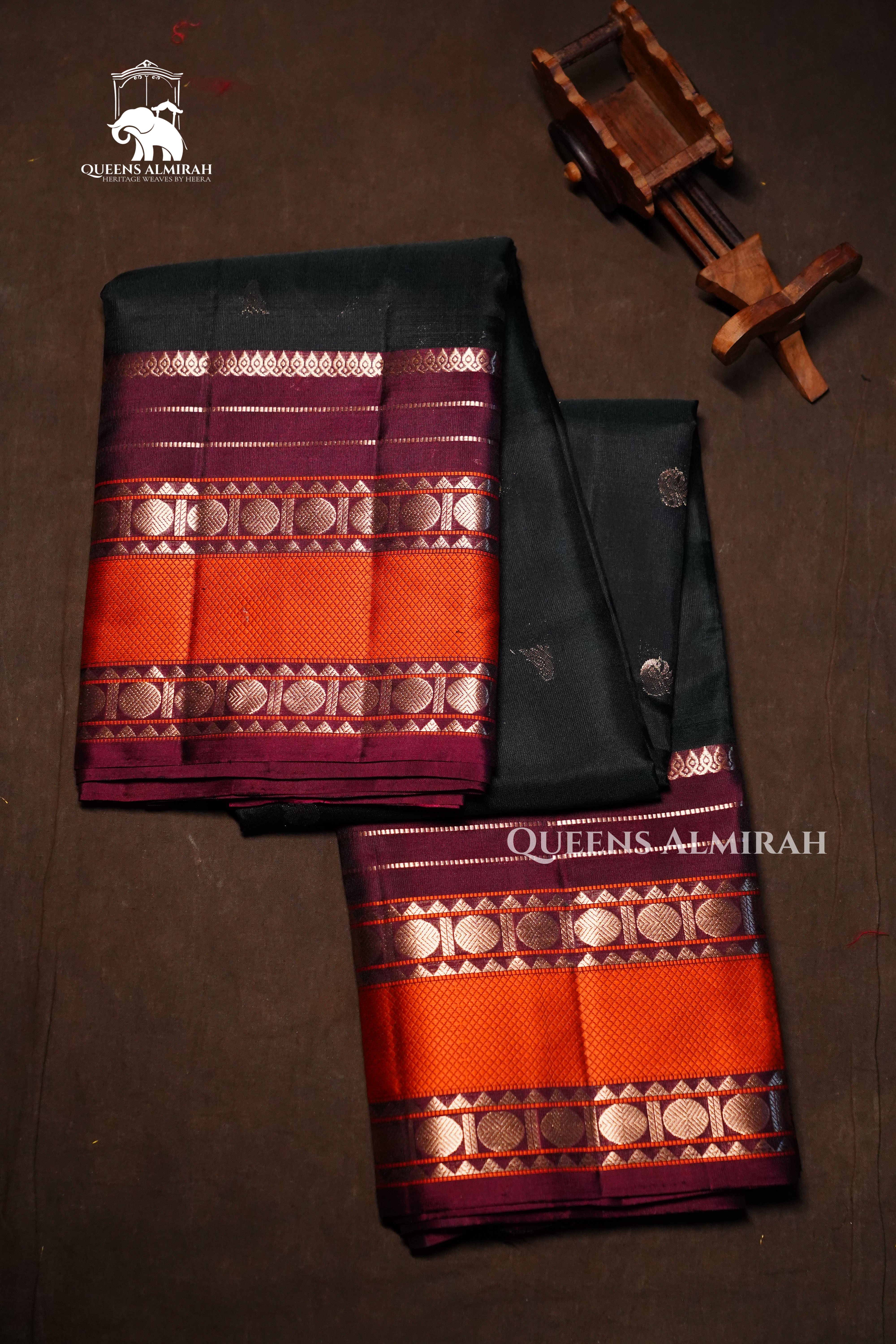 Dark Green With Maroon And Orange Border Pure Kanchivaram Silk Saree