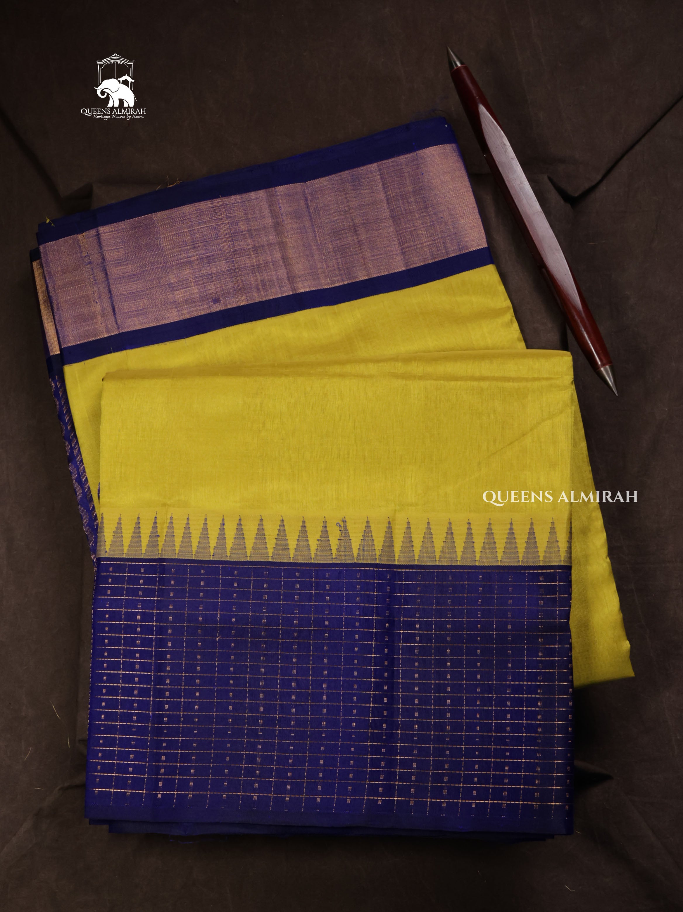 Lime Yellow With Navy Blue Pure Silk Cotton Saree