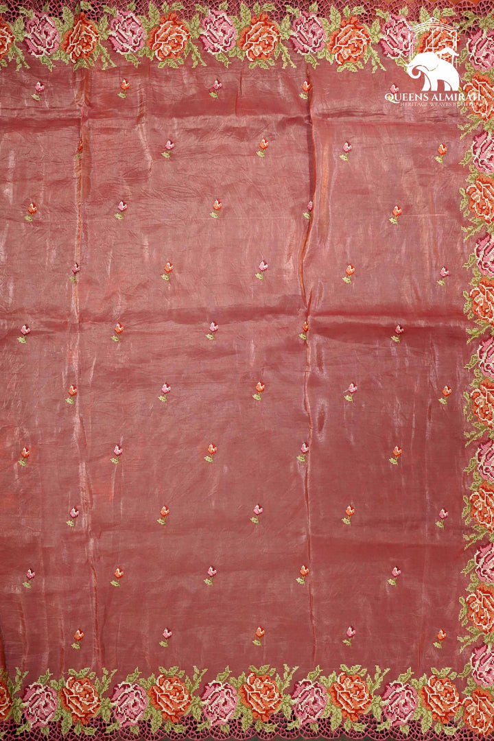 TURKISH ROSE PINK WITH EMBROIDERY BORDER TISSUE SAREE - Queens Jewel Emporium
