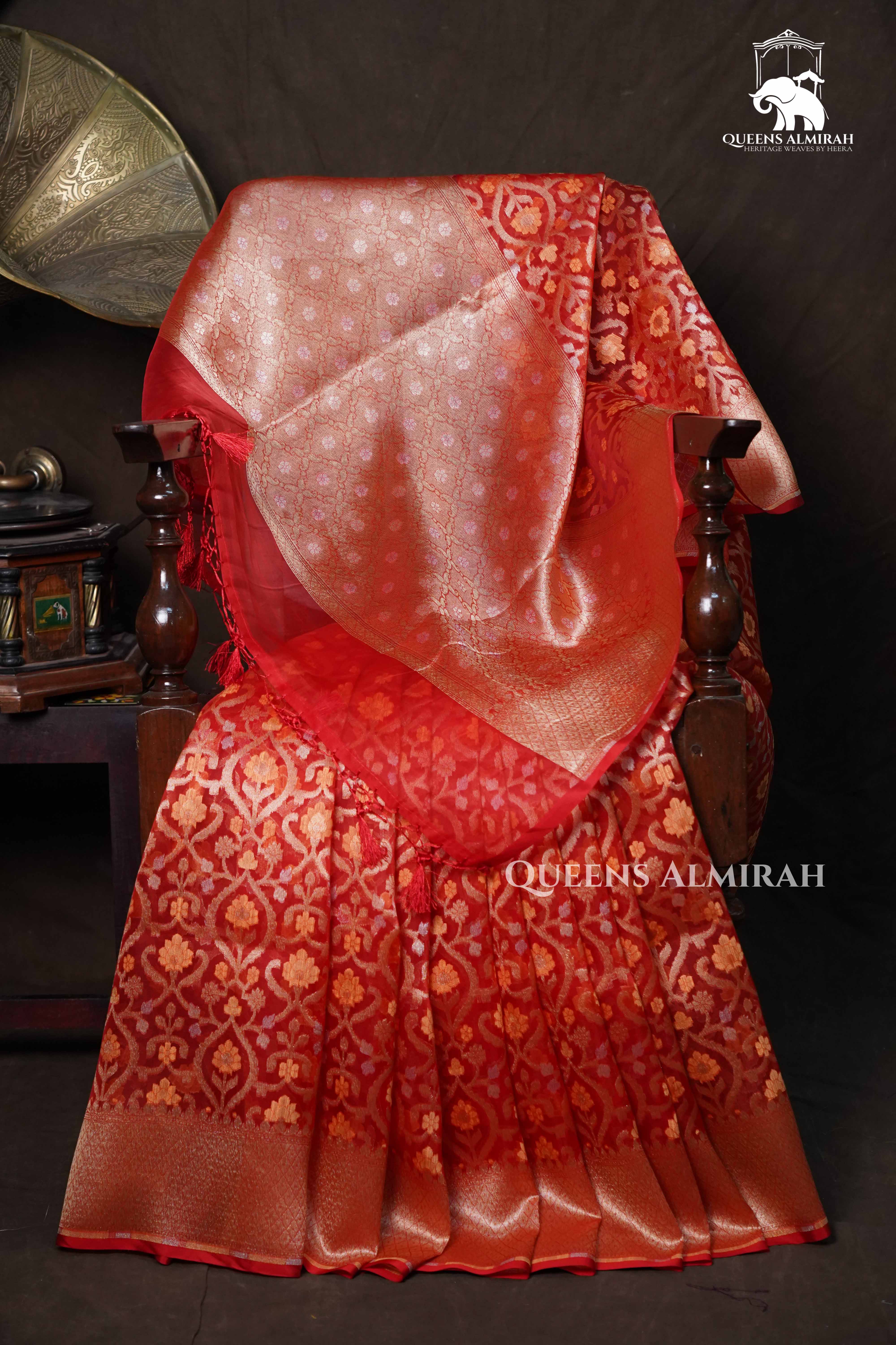 Rust Orange Banarasi Organza Silk Saree